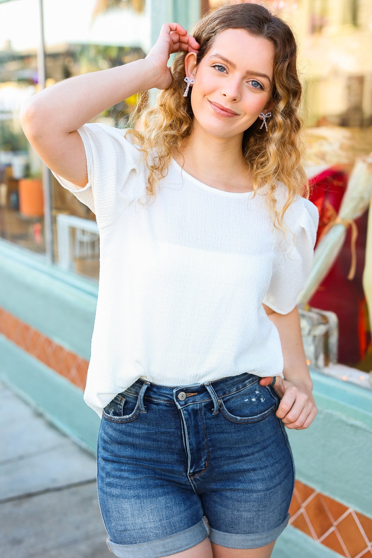 White Crinkle Textured Woven Puff Sleeve Top