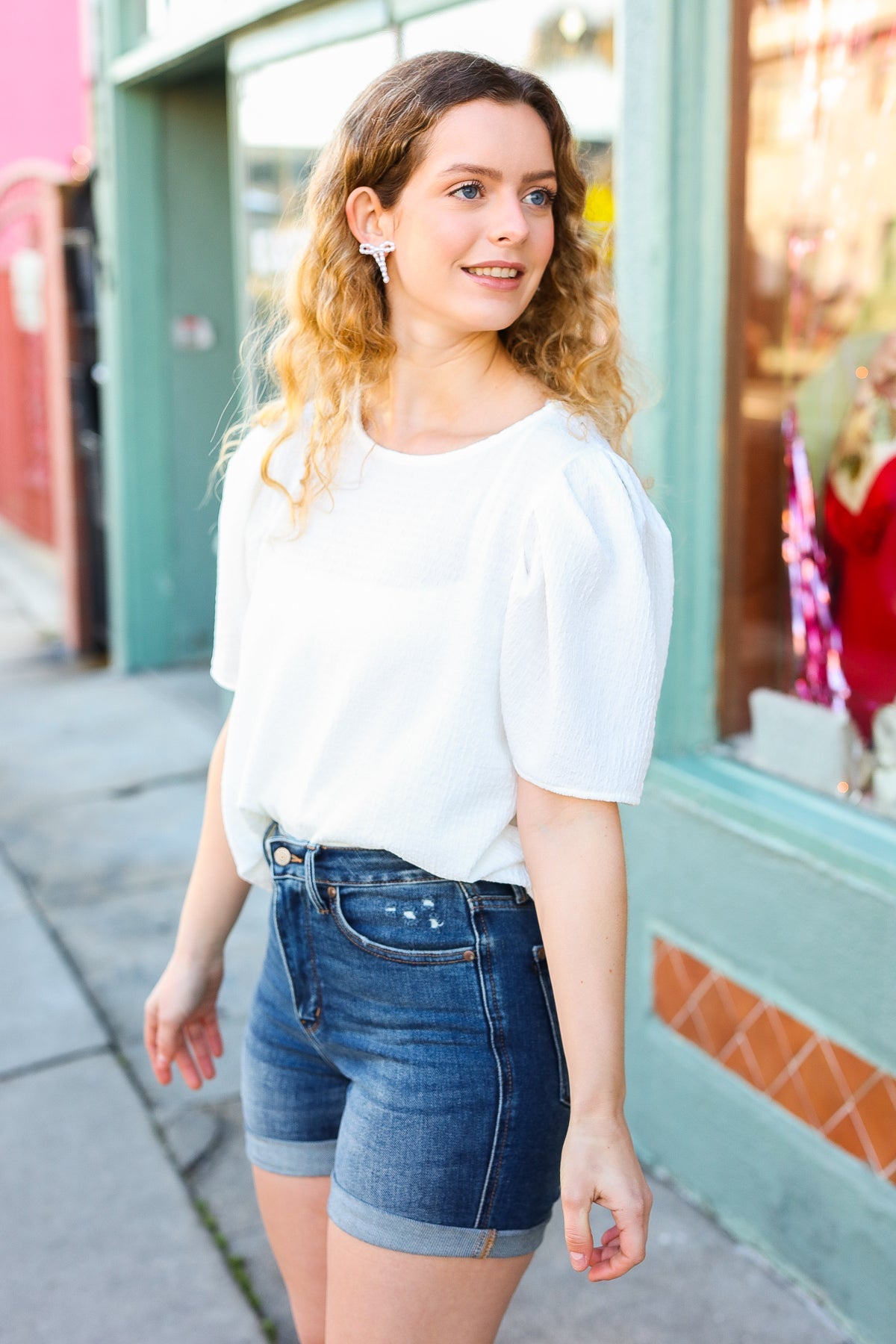 White Crinkle Textured Woven Puff Sleeve Top