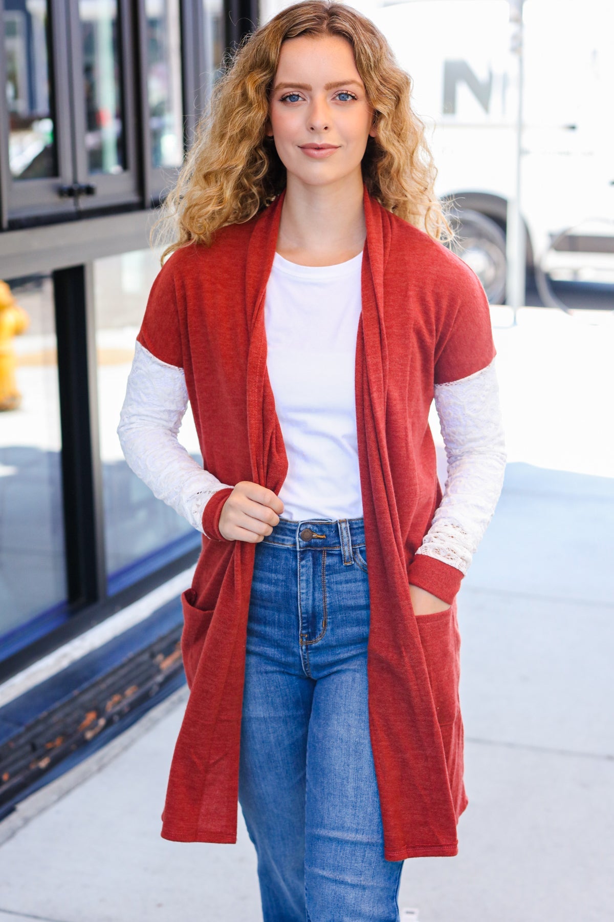 Rust Lace Sleeve Front Pocket Hacci Cardigan