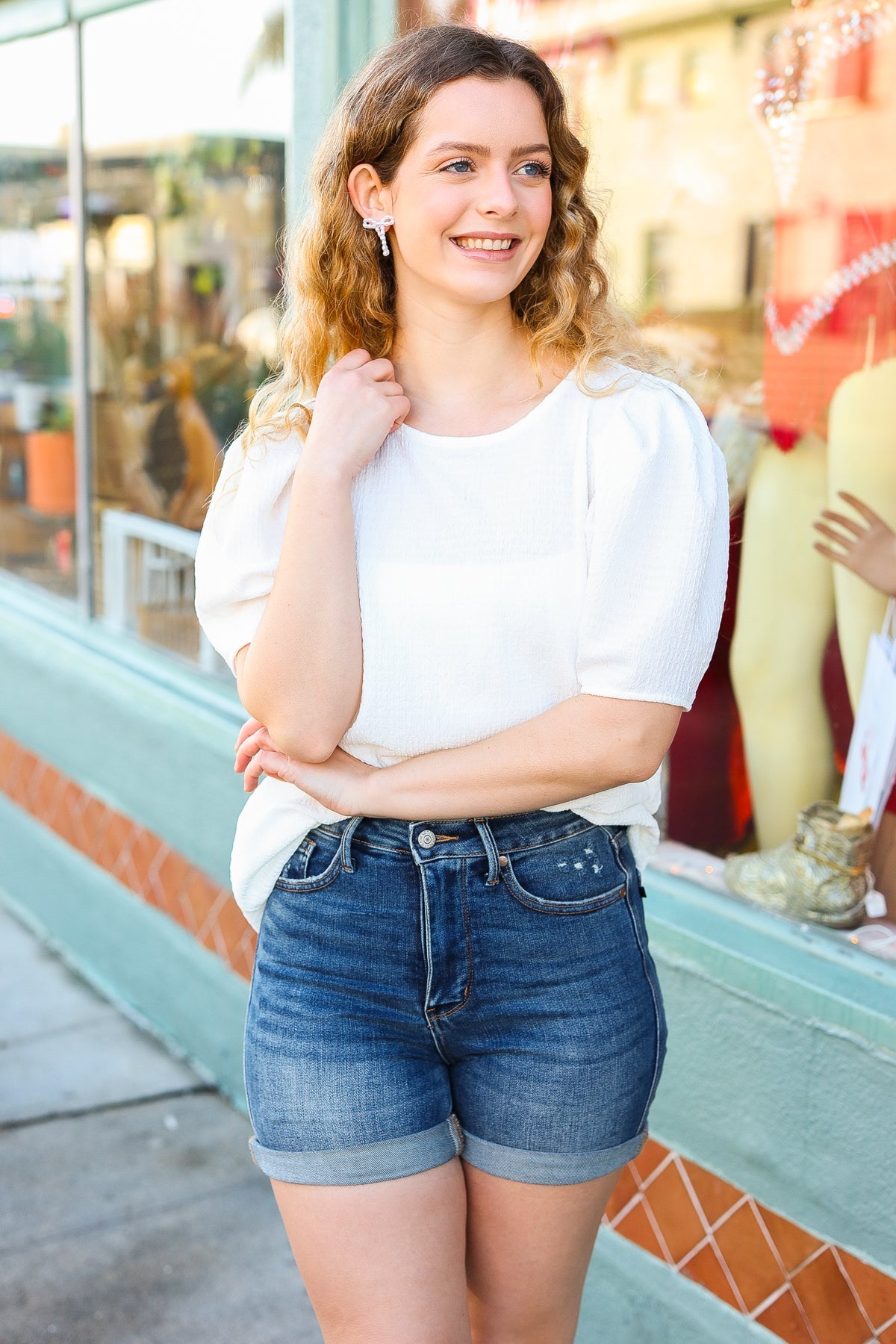 White Crinkle Textured Woven Puff Sleeve Top