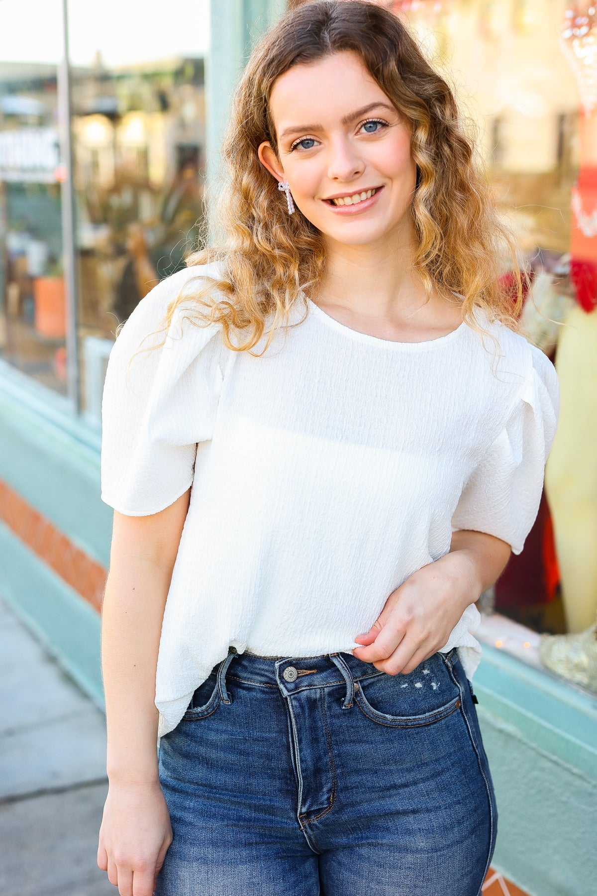 White Crinkle Textured Woven Puff Sleeve Top