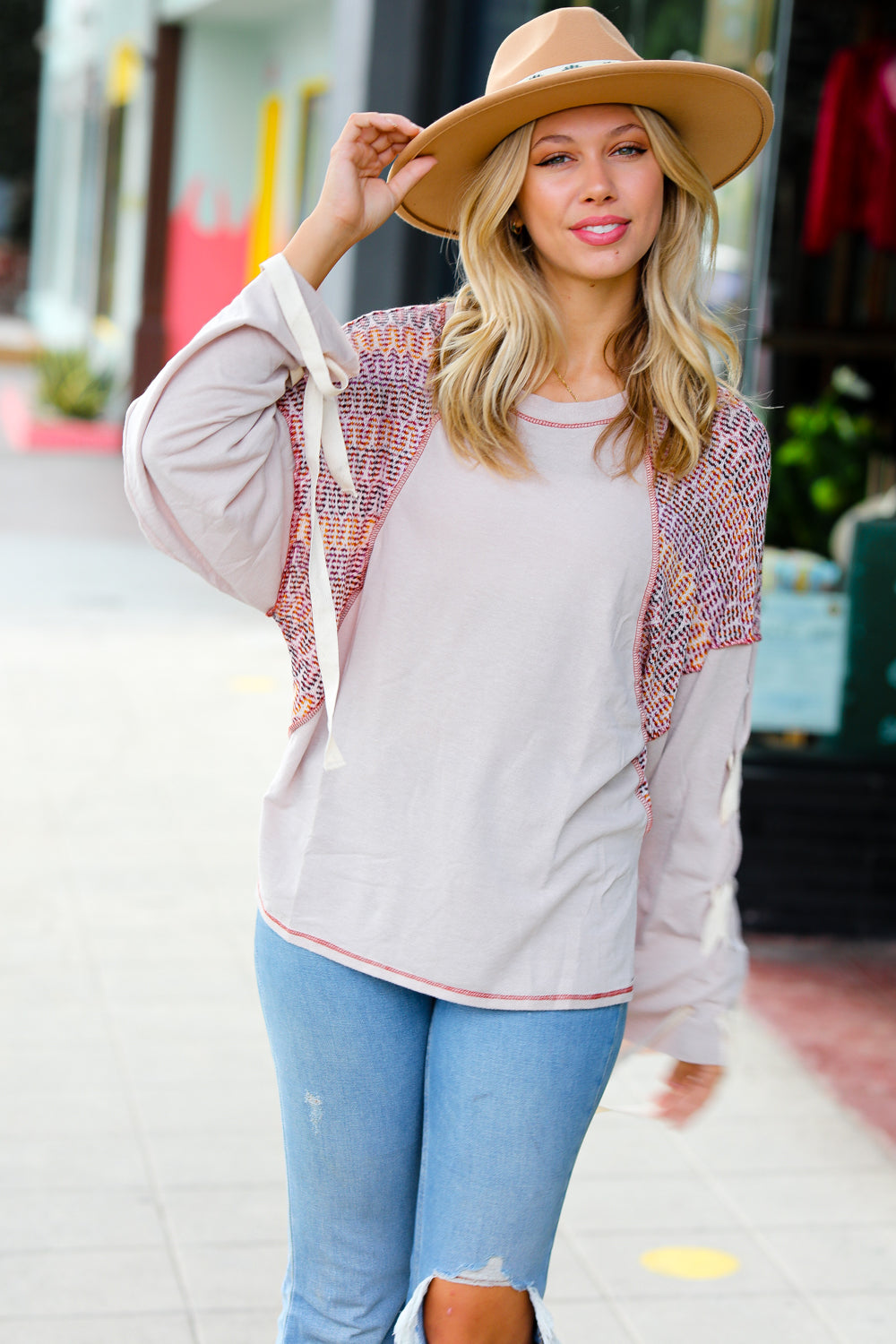 Taupe Burgundy Chevron Lace Up Bell Sleeve Top