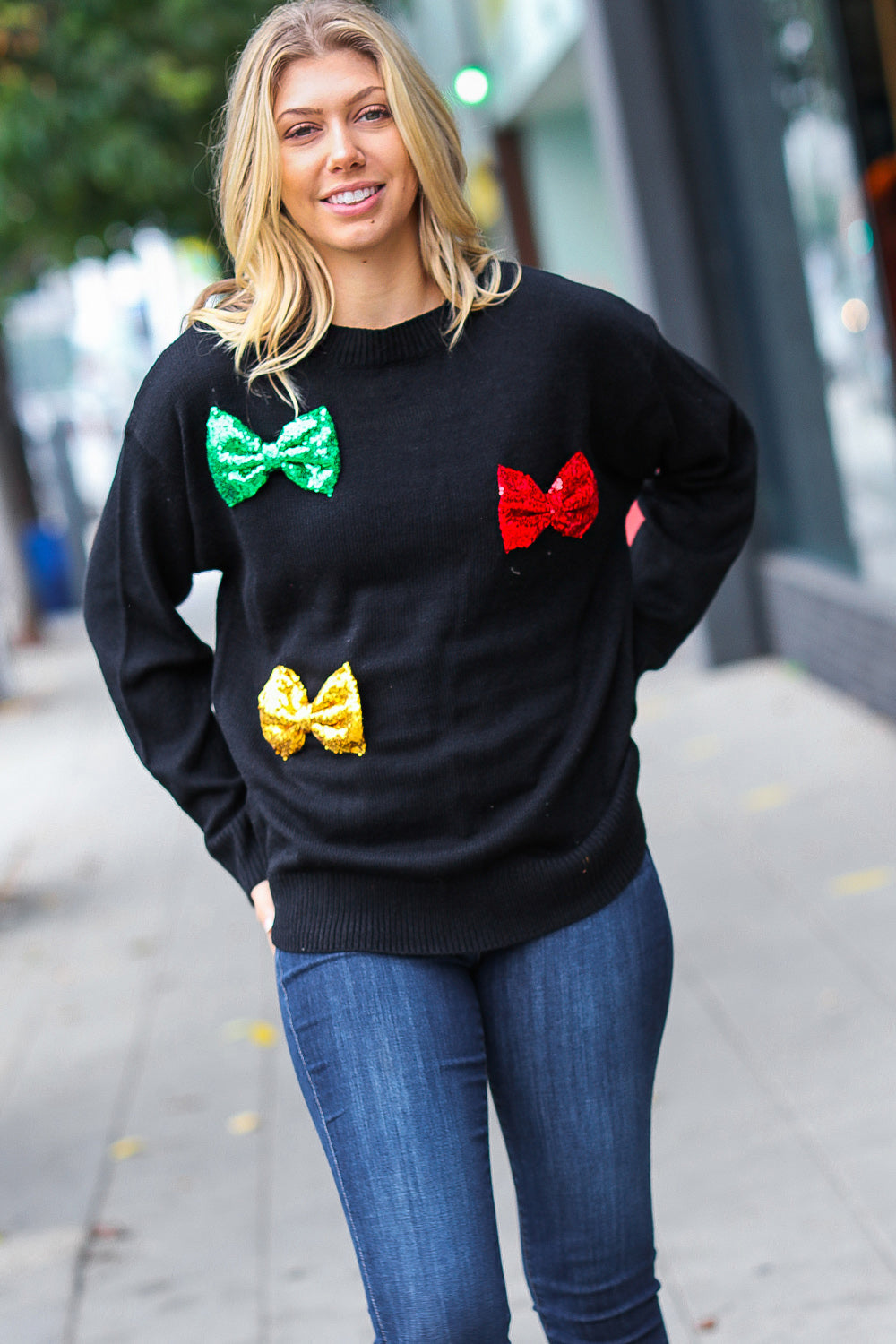 Black Multicolor Sequin Bow Knit Sweater