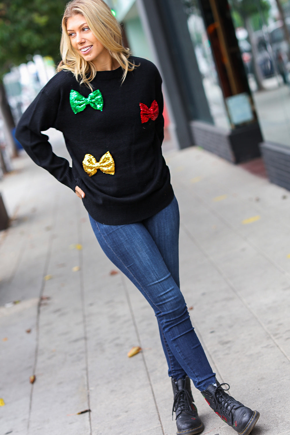 Black Multicolor Sequin Bow Knit Sweater