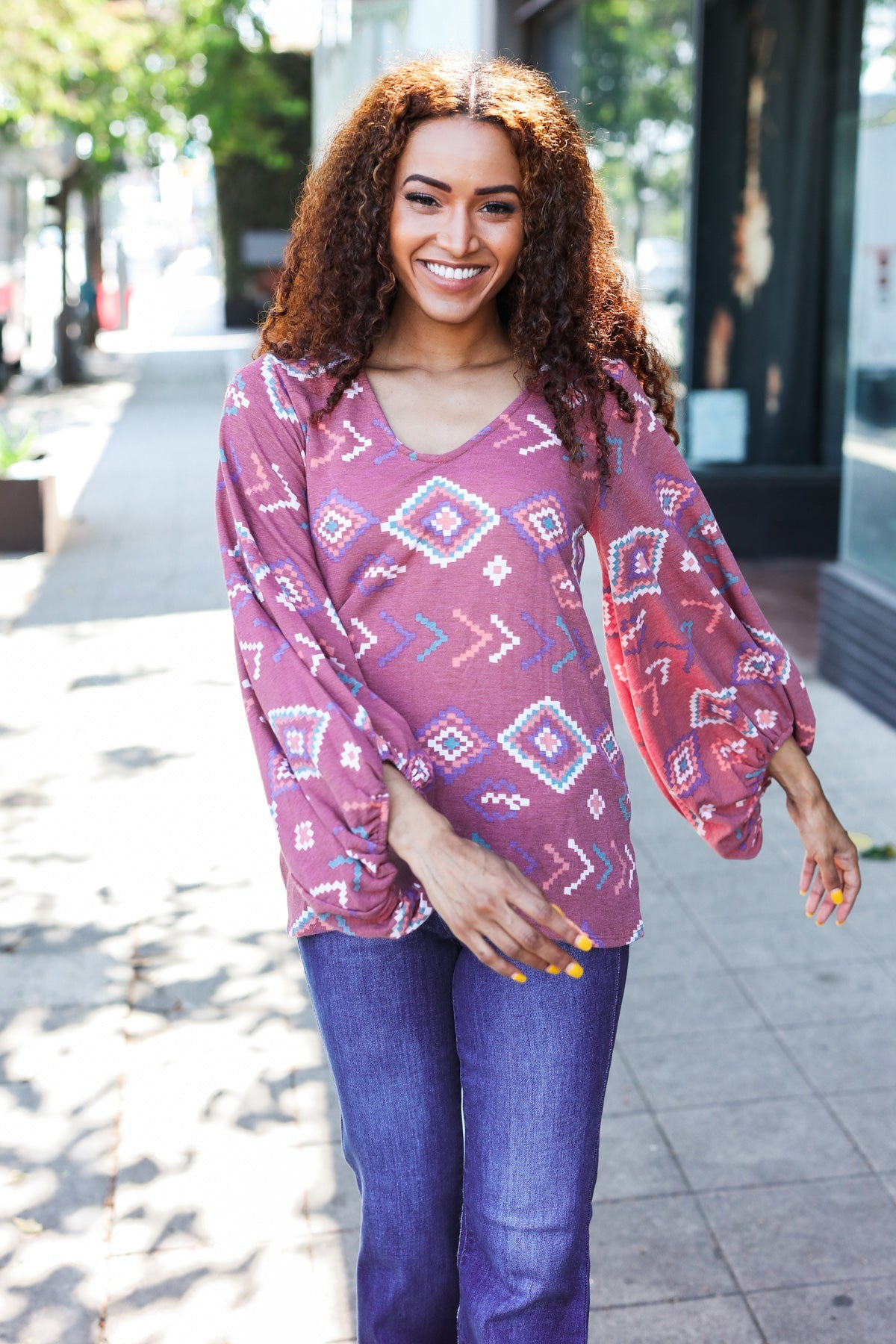 Burgundy Aztec V Neck Bubble Sleeve Top