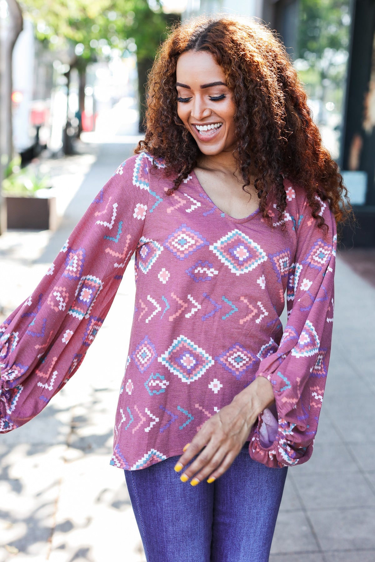 Burgundy Aztec V Neck Bubble Sleeve Top