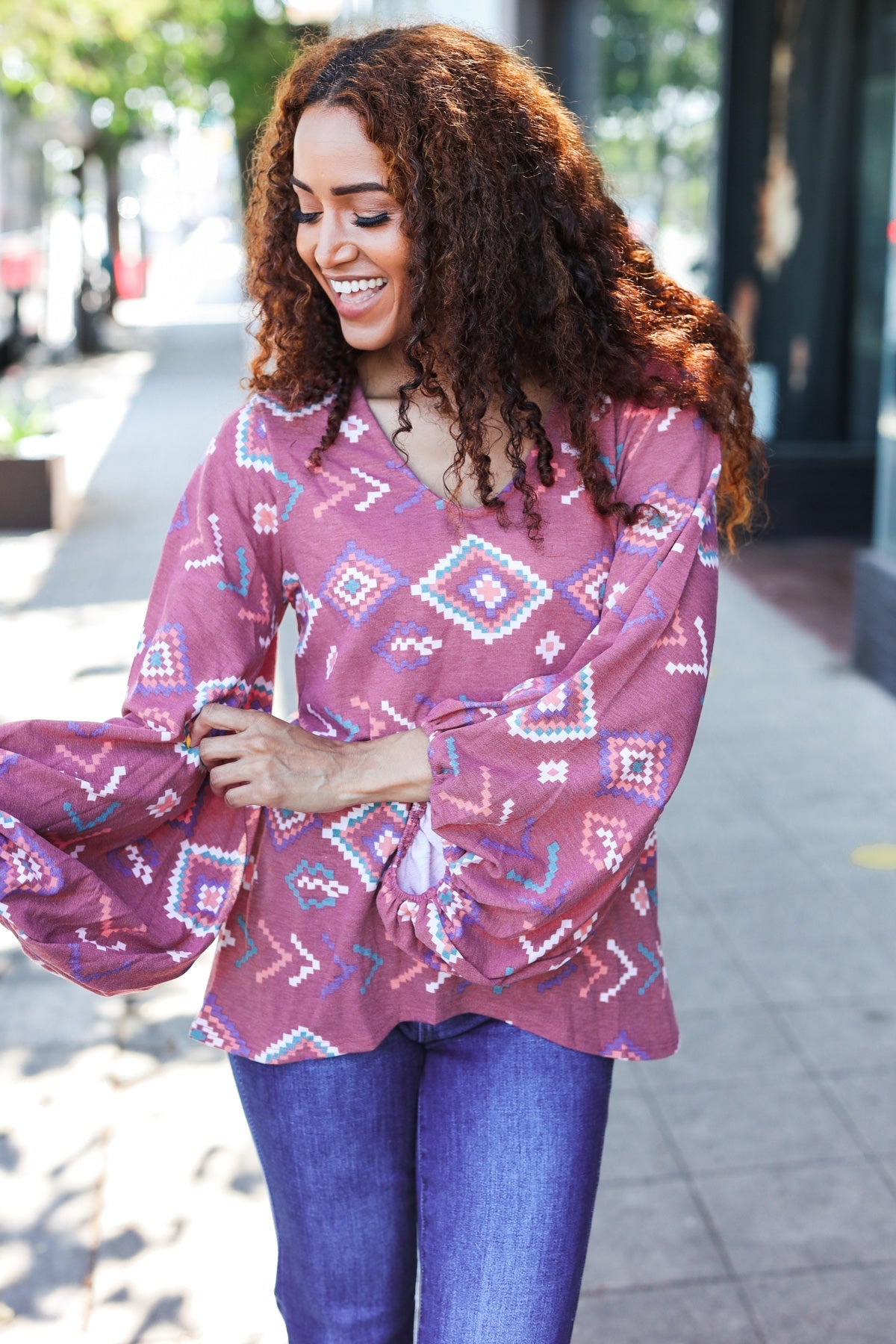 Burgundy Aztec V Neck Bubble Sleeve Top