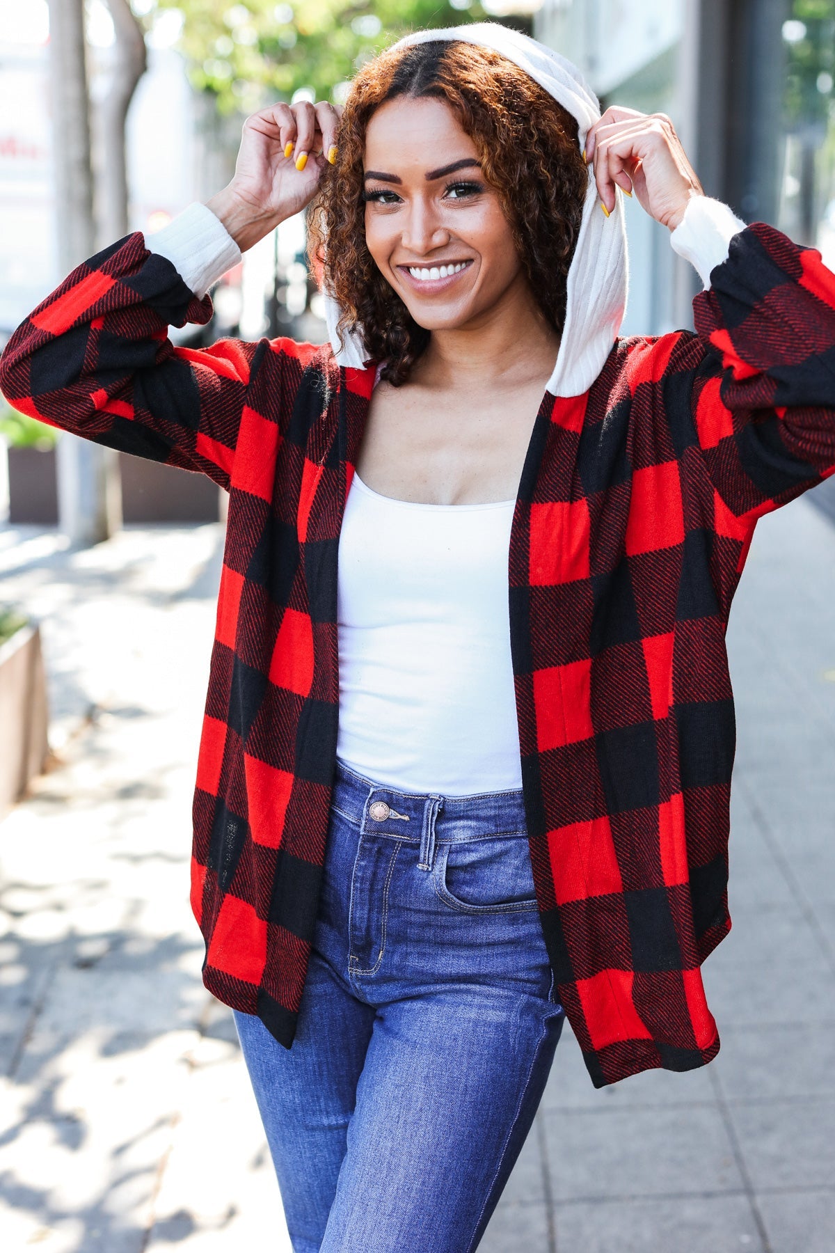 Red Buffalo Plaid Ribbed Hooded Sweater