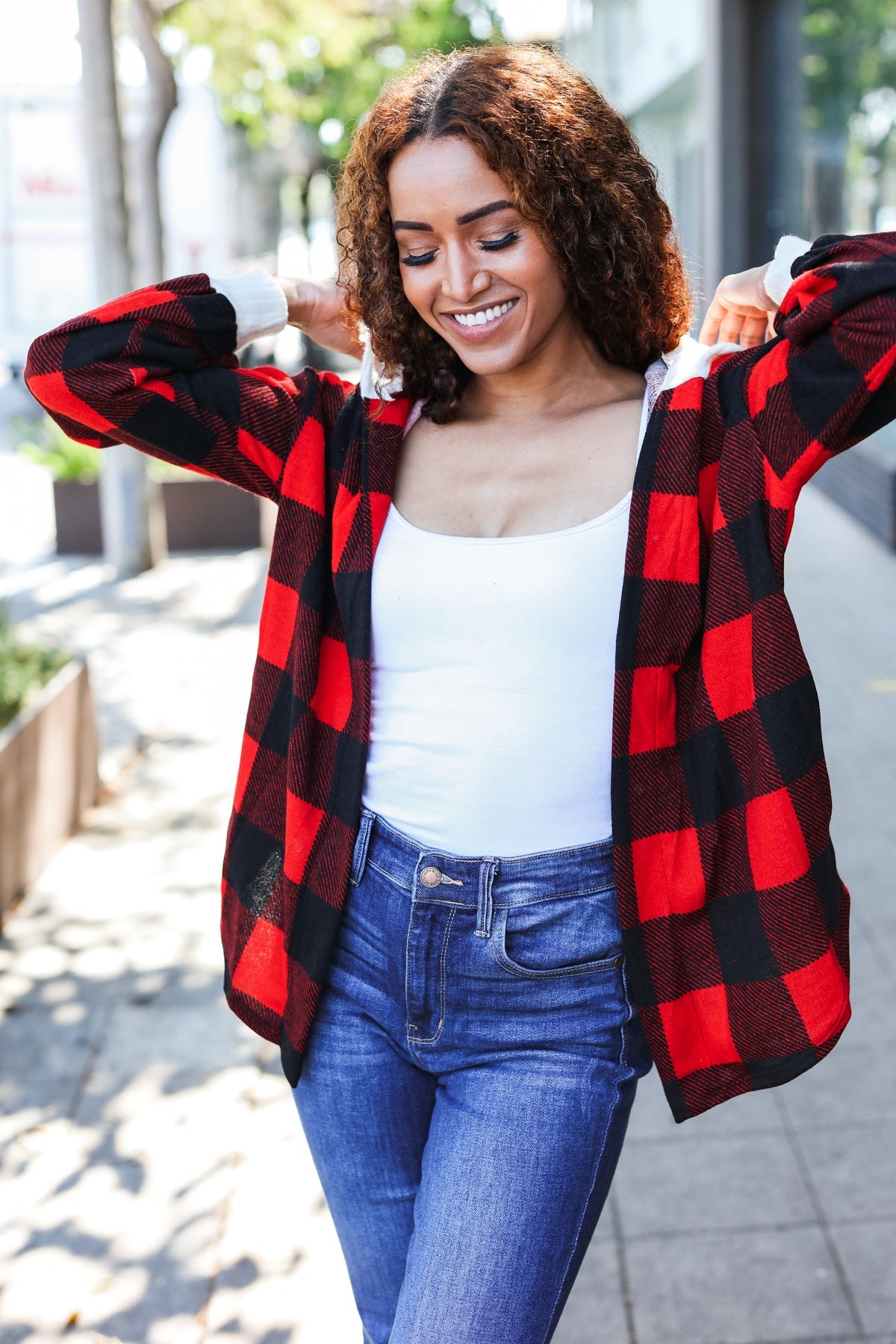 Red Buffalo Plaid Ribbed Hooded Sweater