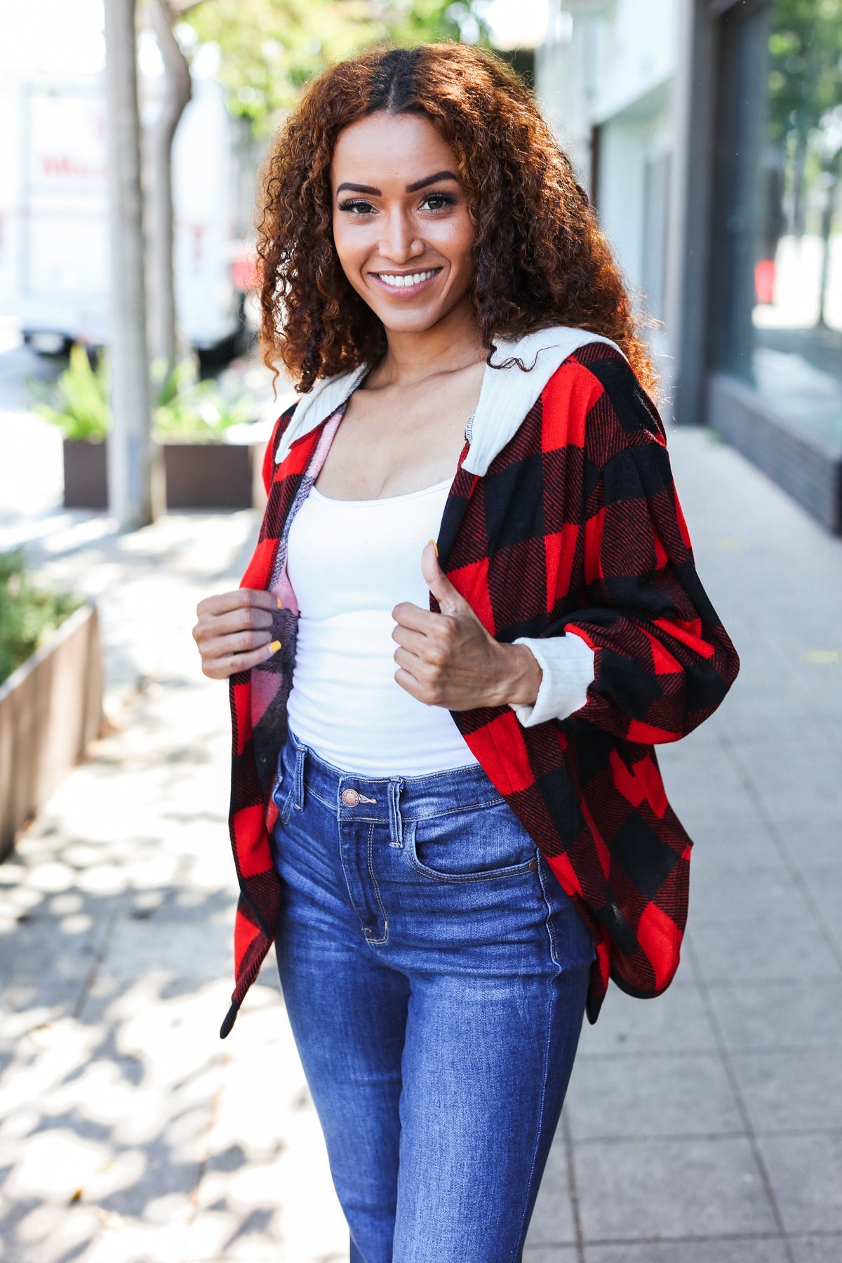 Red Buffalo Plaid Ribbed Hooded Sweater