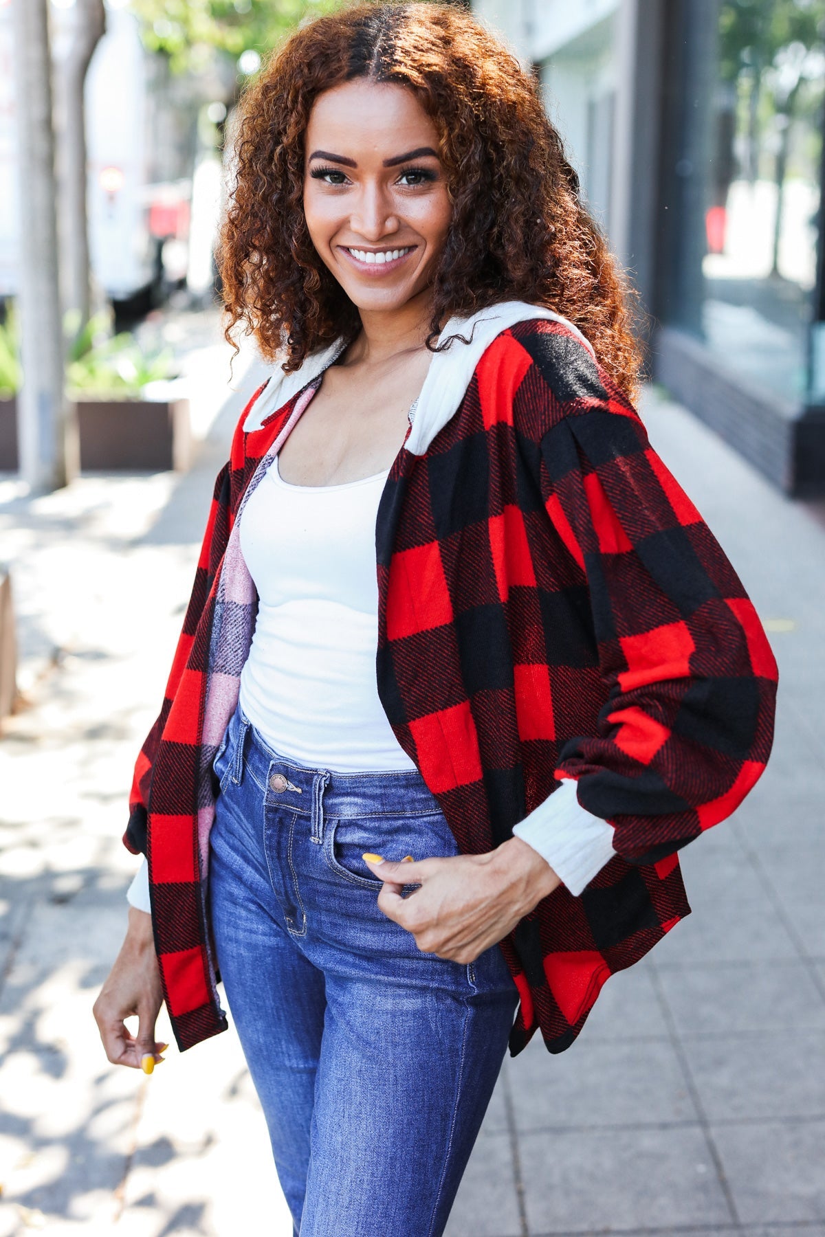 Red Buffalo Plaid Ribbed Hooded Sweater