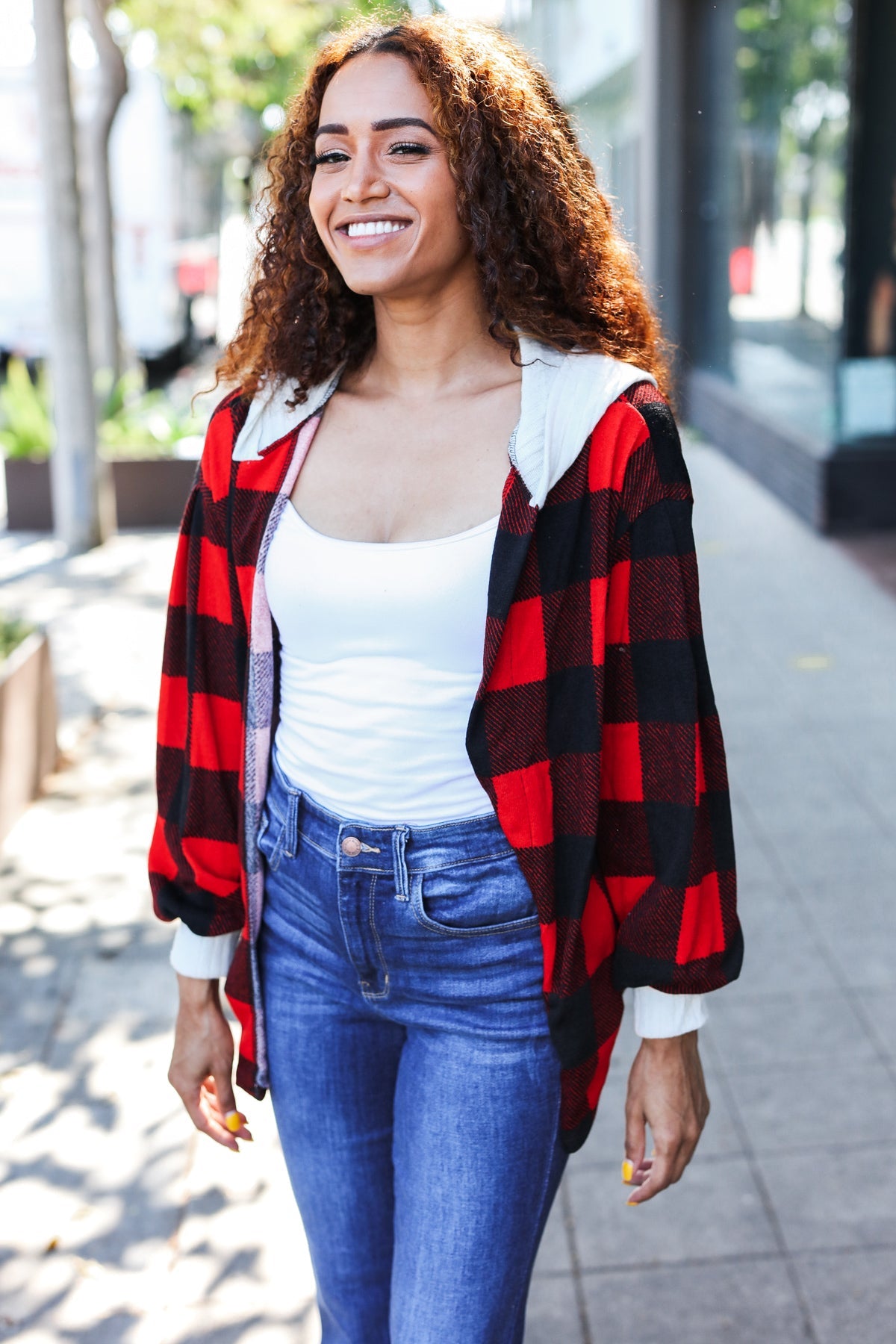 Red Buffalo Plaid Ribbed Hooded Sweater