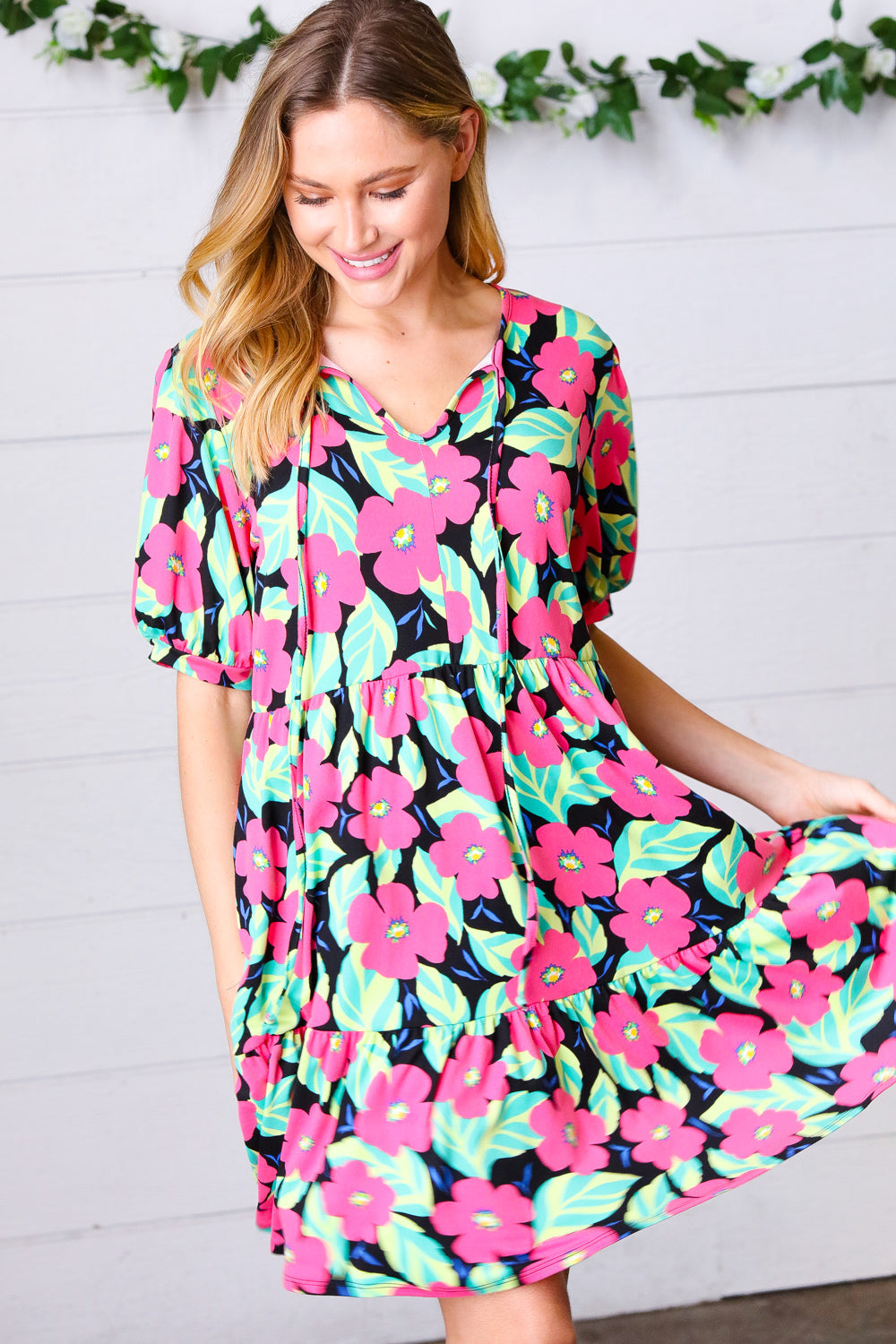 Navy Floral Bubble Sleeve Tie Front Tiered Dress