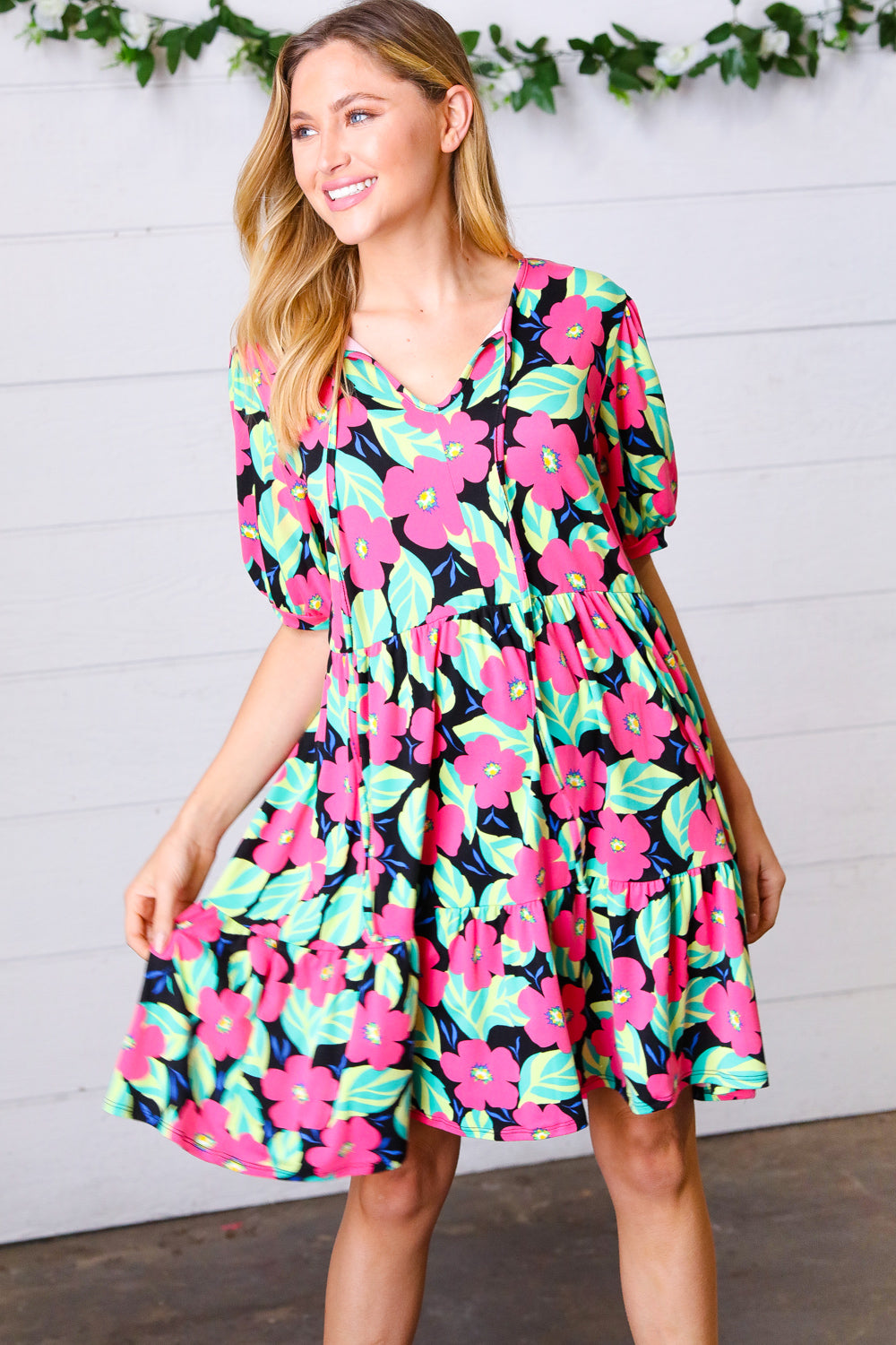 Navy Floral Bubble Sleeve Tie Front Tiered Dress