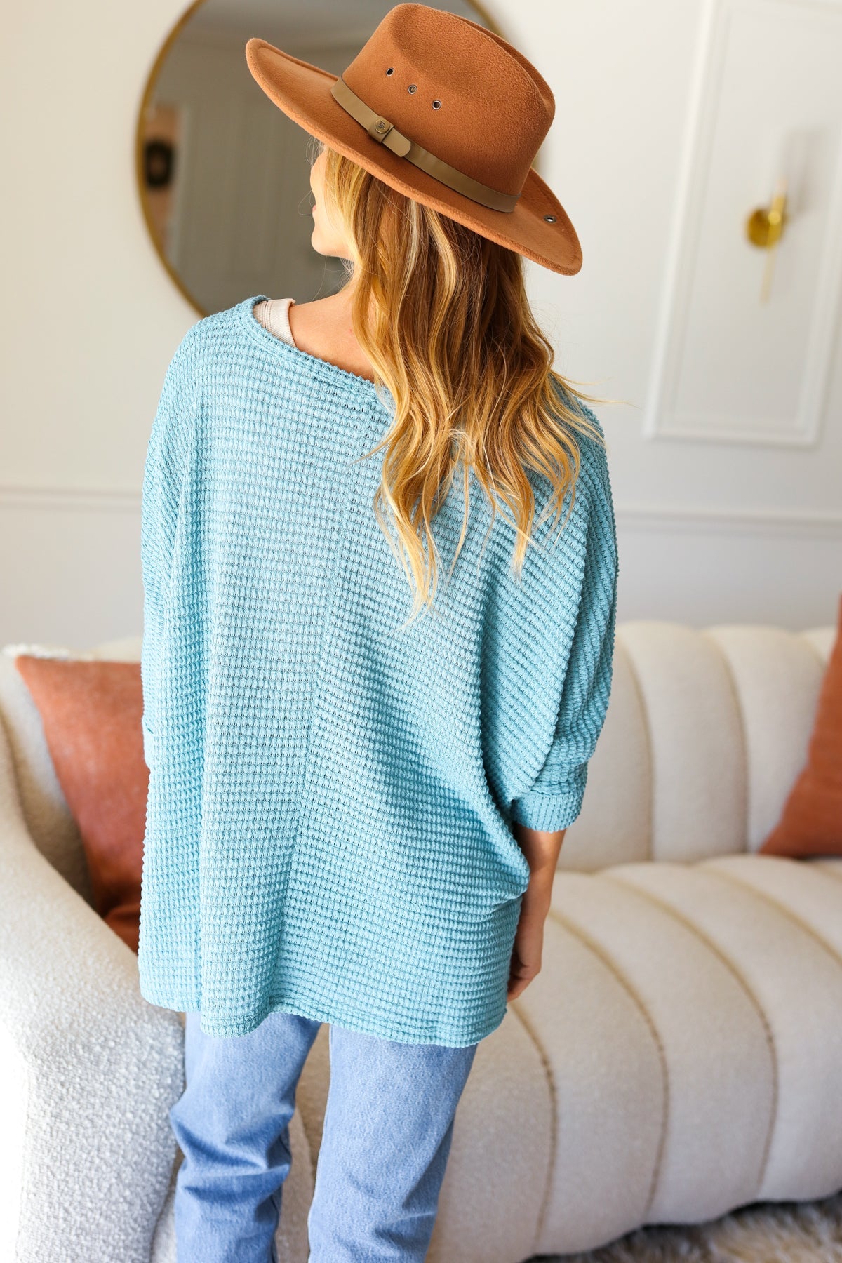 Dusty Teal 3/4 Sleeve V-Neck Hi-Low Hem Jacquard Sweater