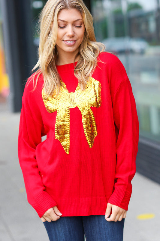 Red Sequin Bow Embroidery Knit Sweater