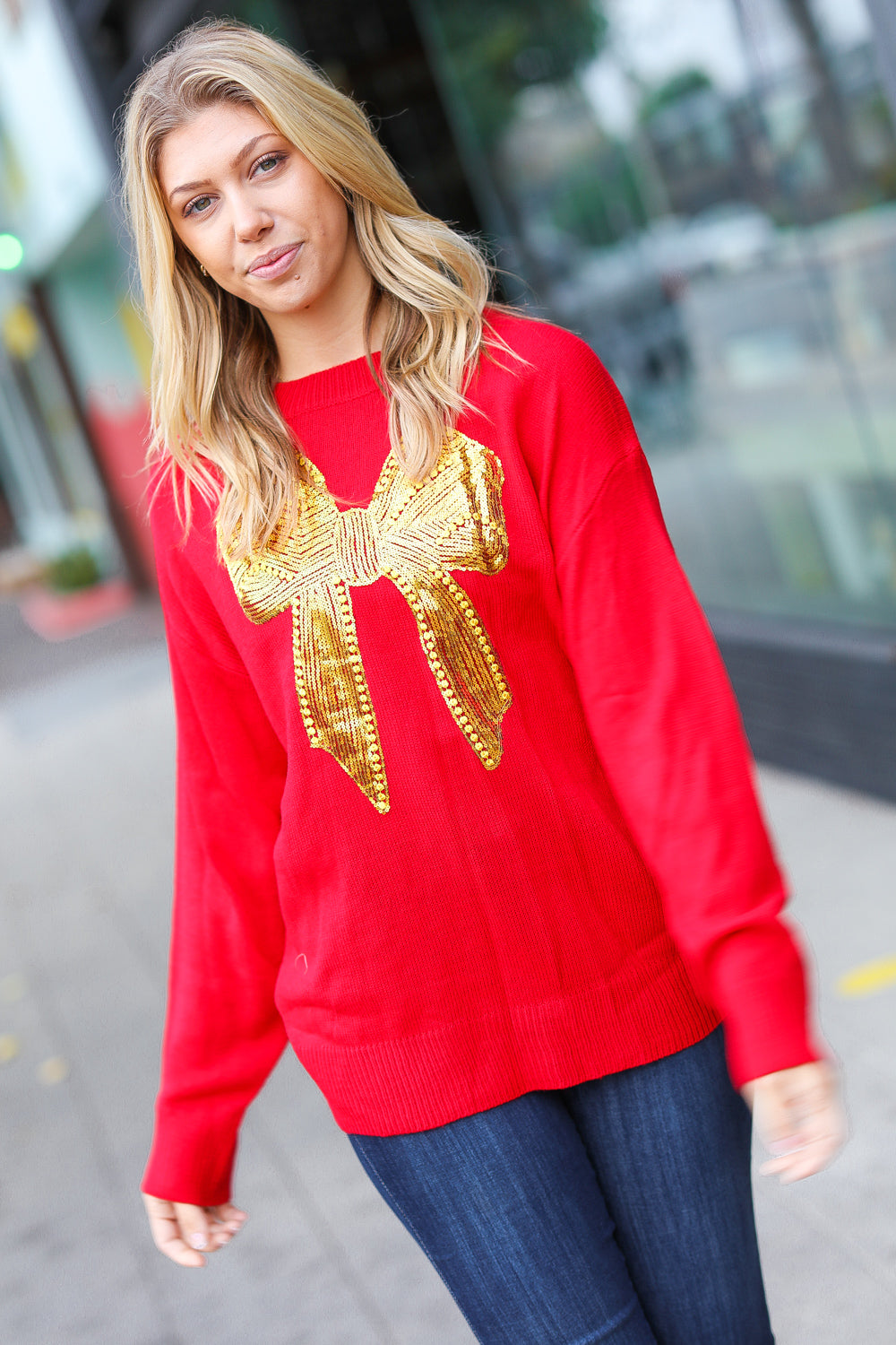 Red Sequin Bow Embroidery Knit Sweater