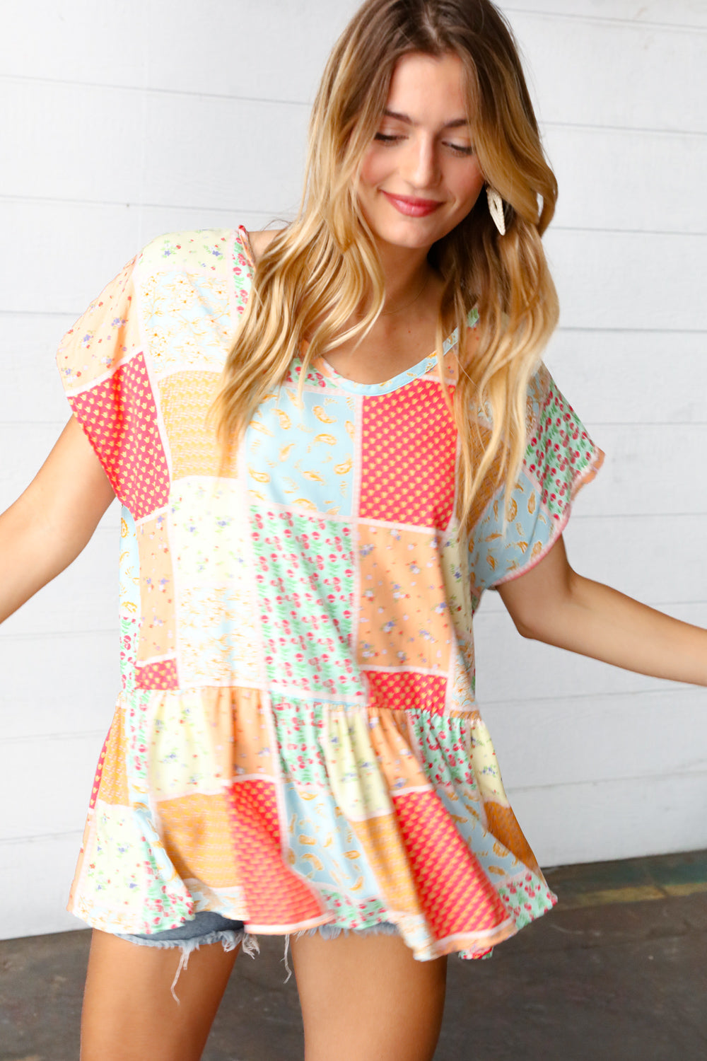 Coral Peach Boho Patchwork Babydoll Blouse Top
