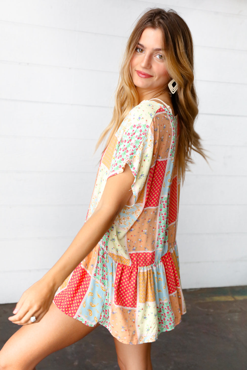 Coral Peach Boho Patchwork Babydoll Blouse Top