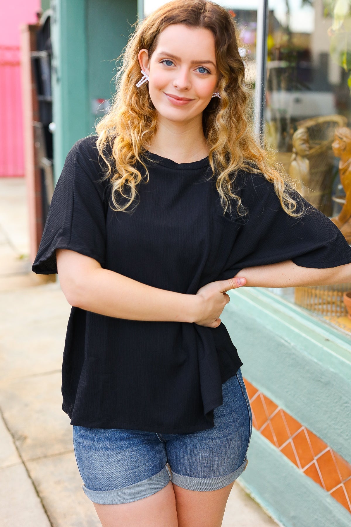 Black Crinkle Texture Pocketed Dolman Top