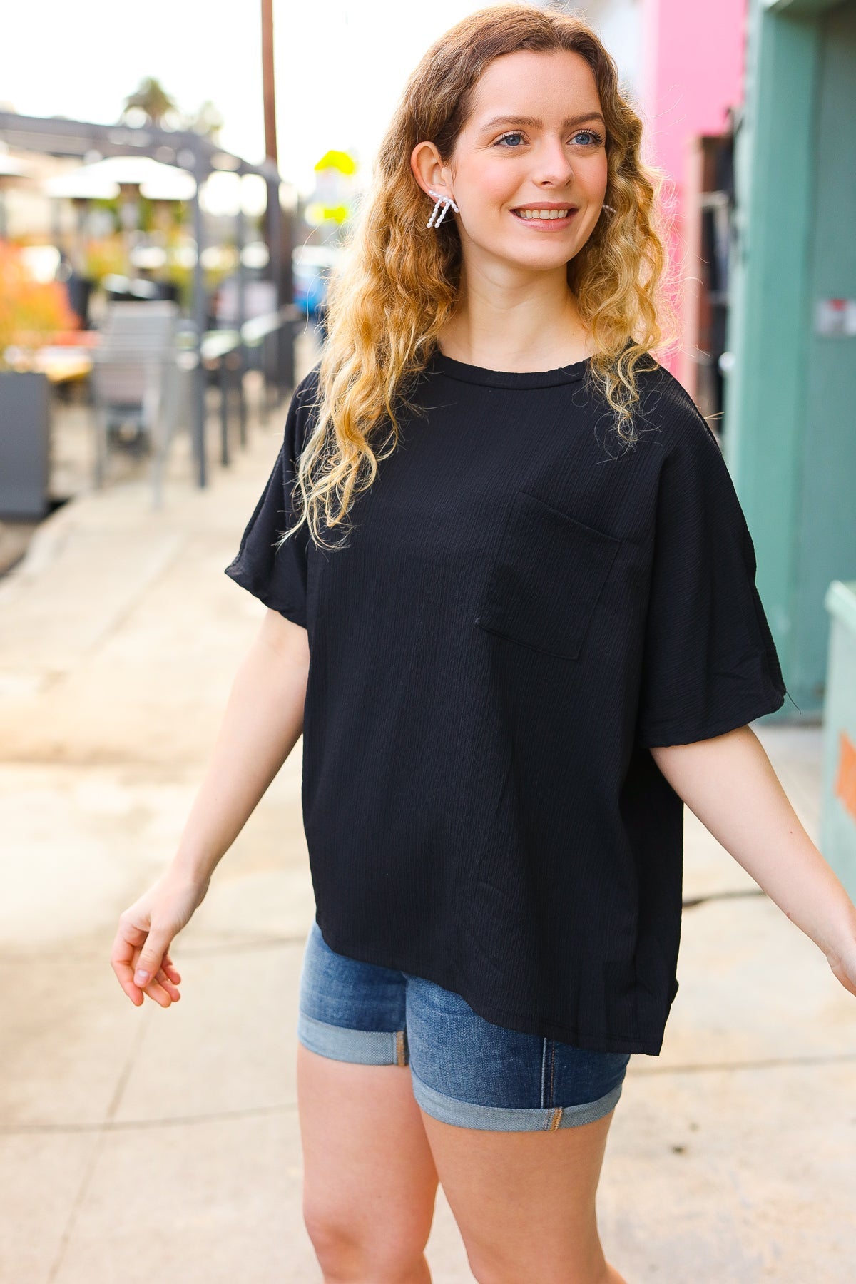 Black Crinkle Texture Pocketed Dolman Top