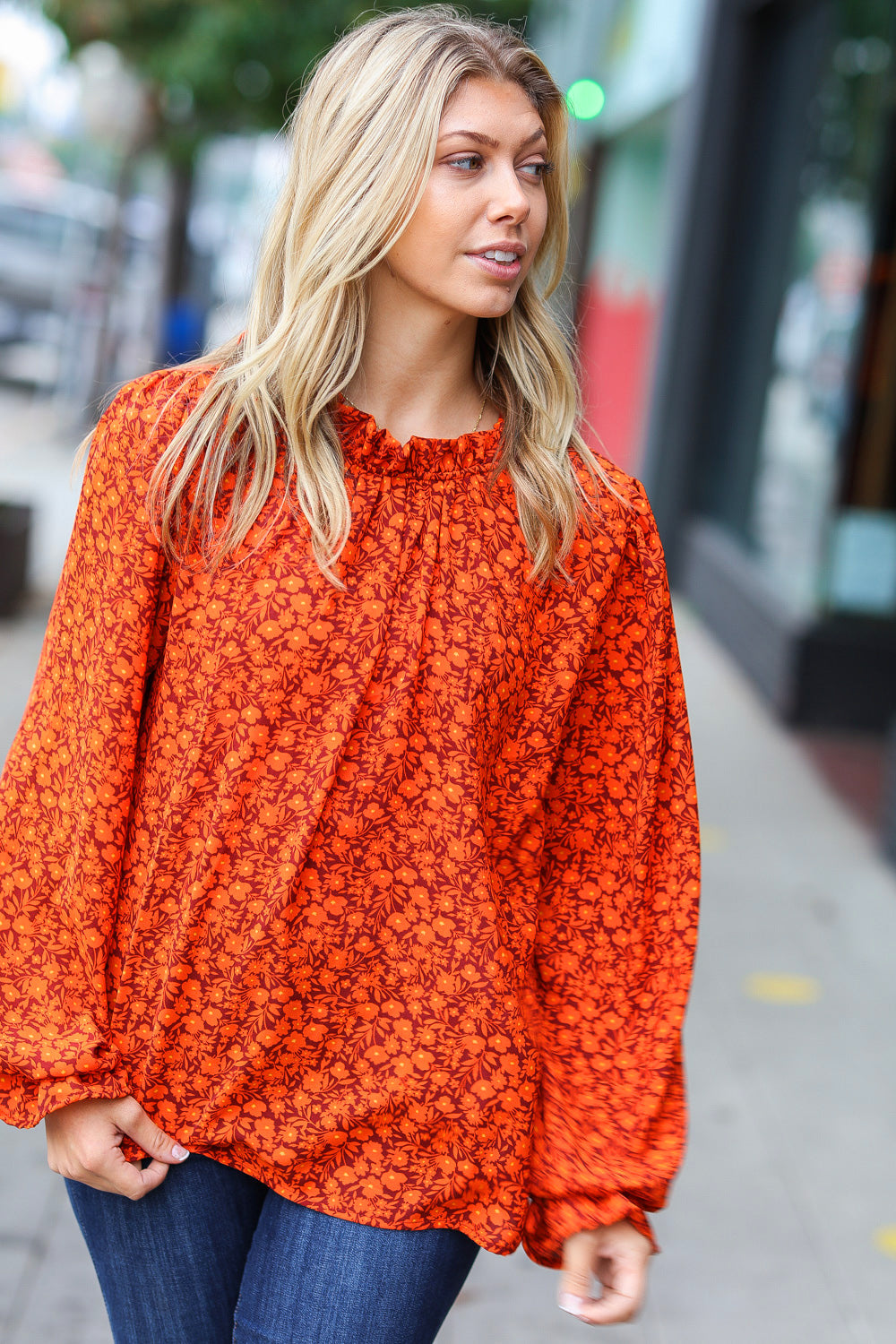 Rust Ditsy Floral Frill Neck Top