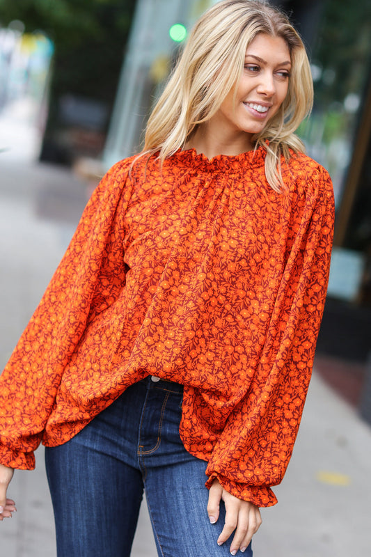 Rust Ditsy Floral Frill Neck Top