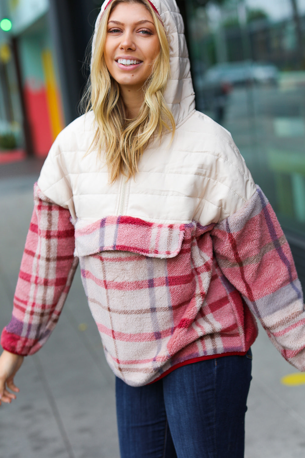 CHECKERED HALF ZIP HOODIE