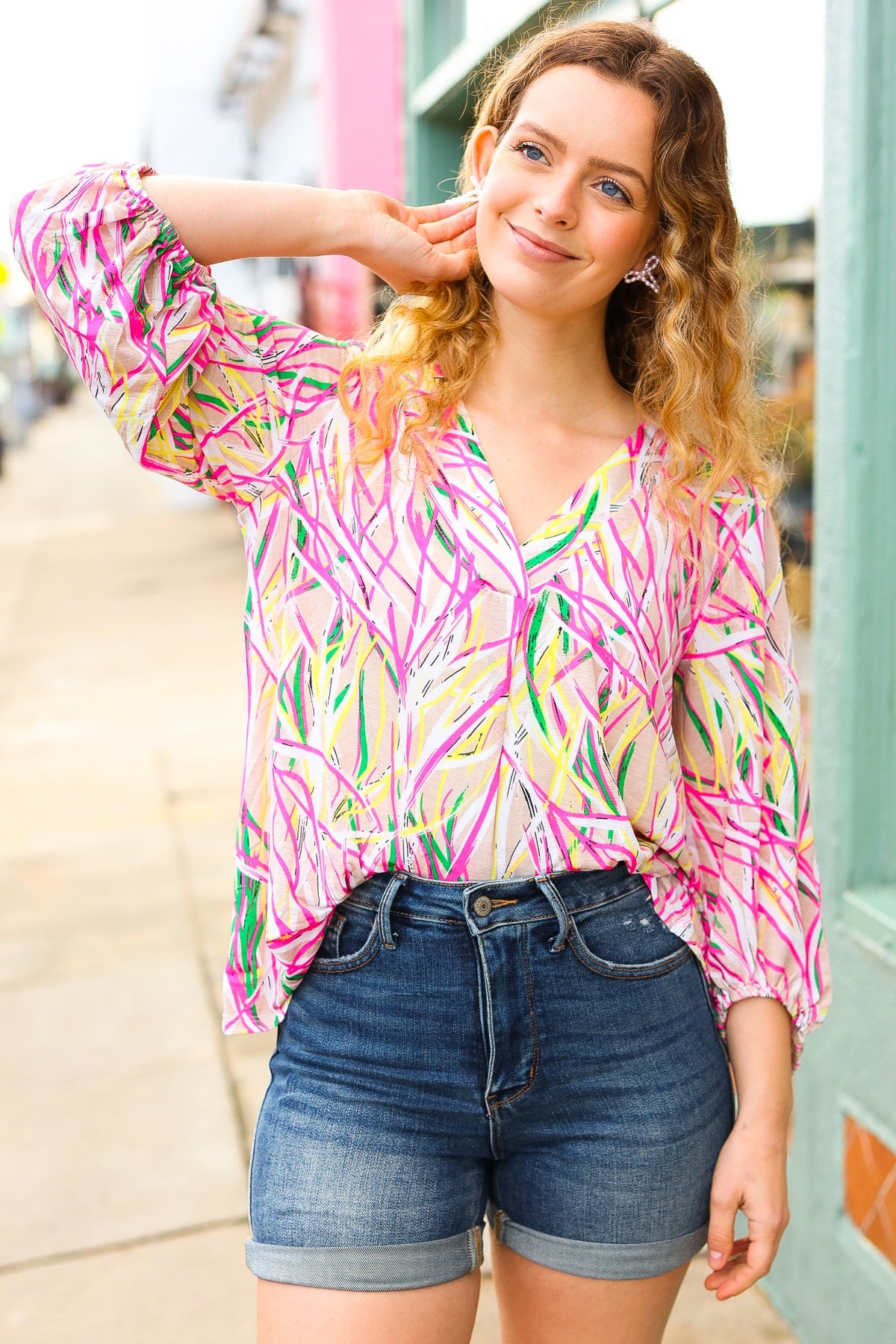 Fuchsia & Yellow Abstract Print V Neck Top