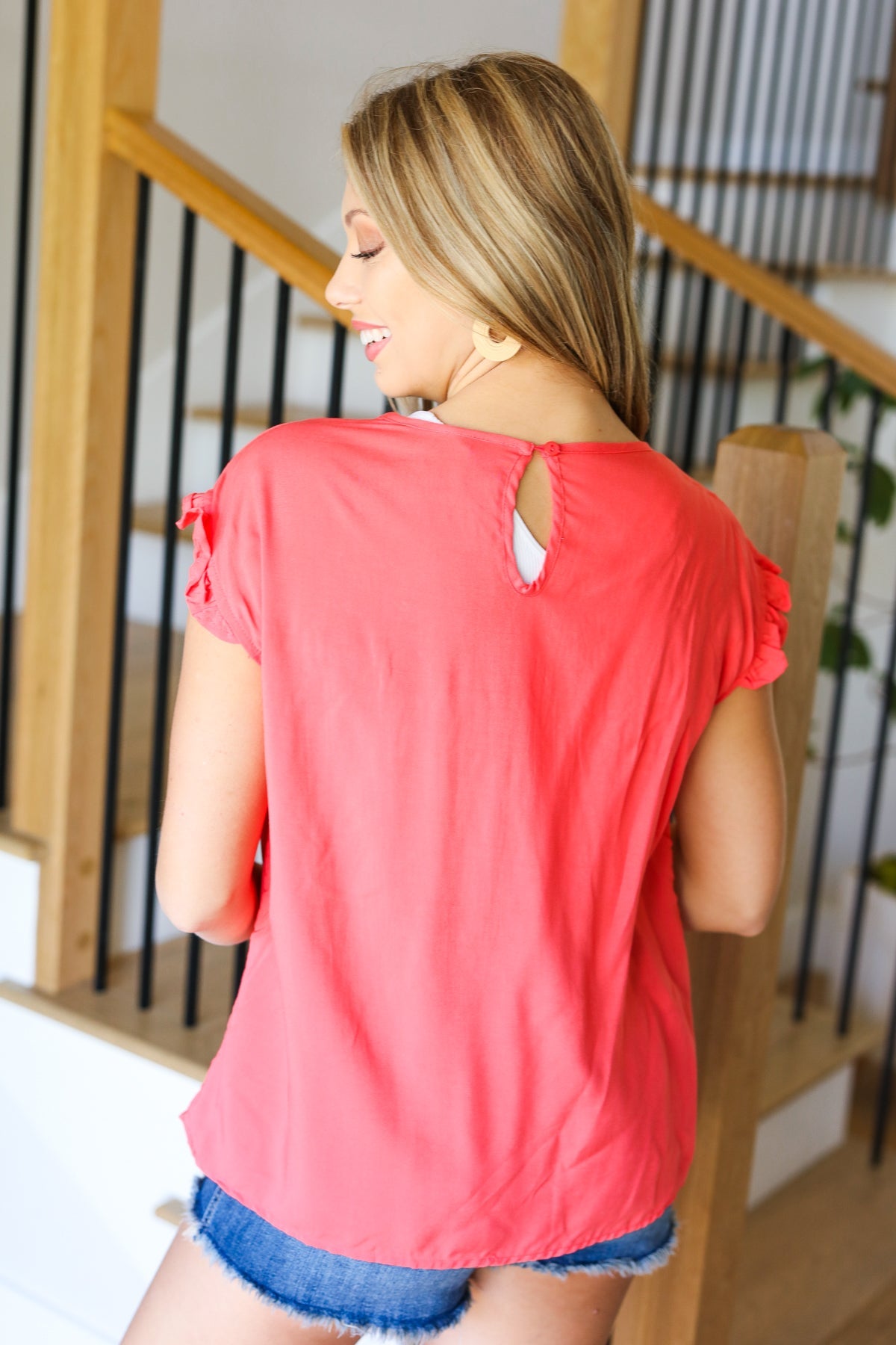 Coral Floral Embroidered Yoke Ruffle Sleeve Top