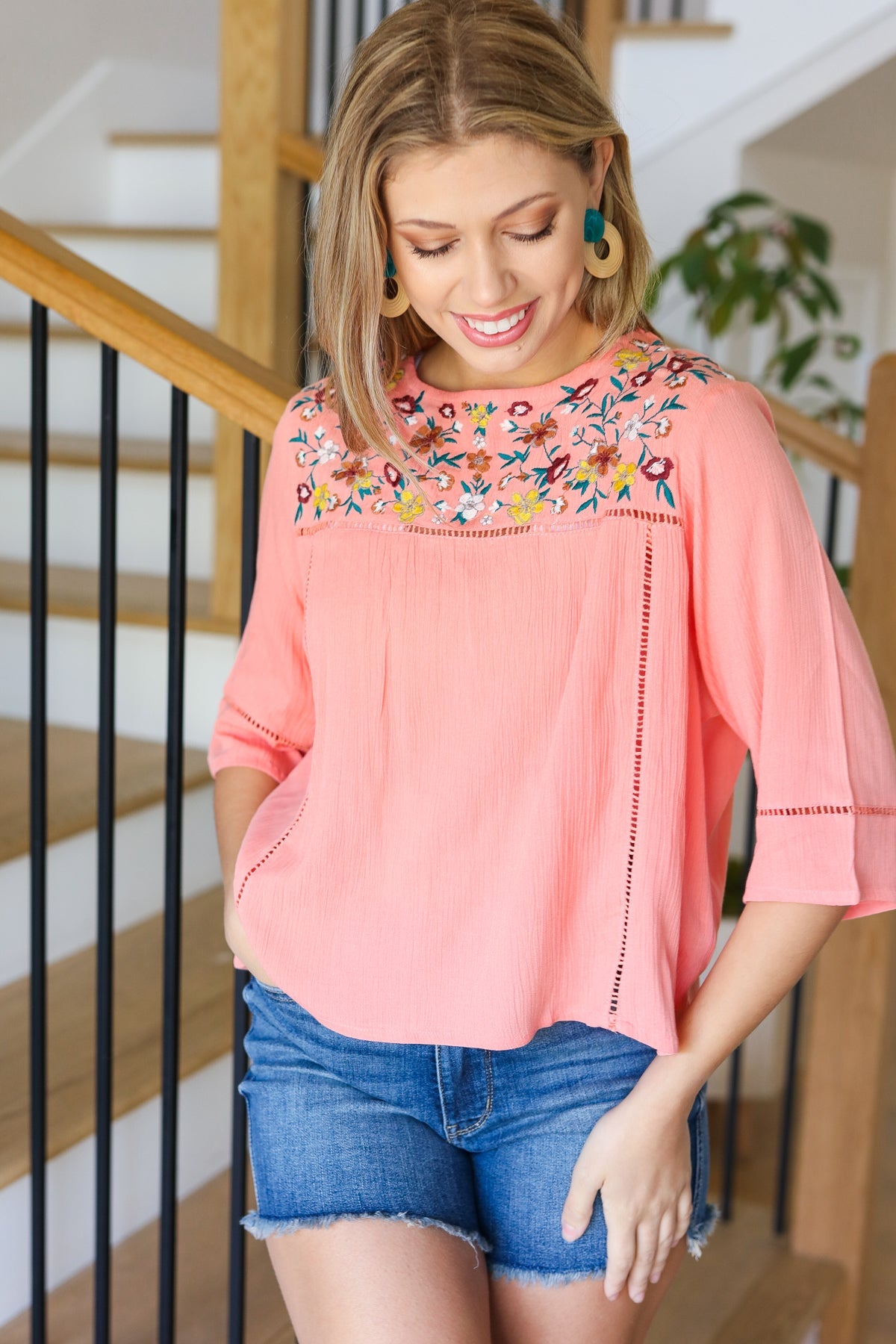 Peach Floral Embroidery Ladder Trim Blouse