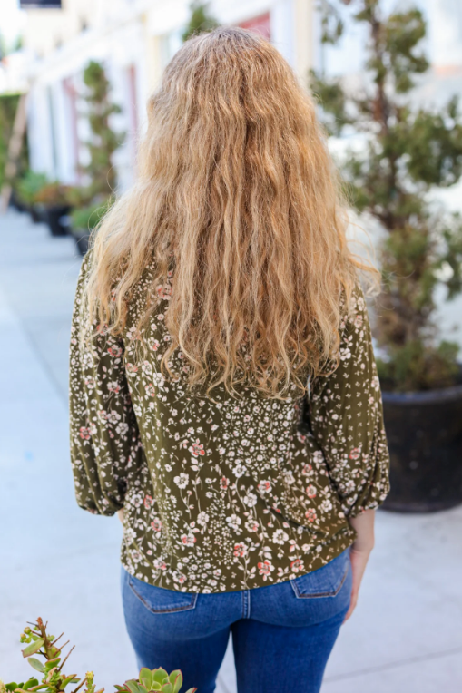 Olive Floral V Neck Bubble Sleeve Top