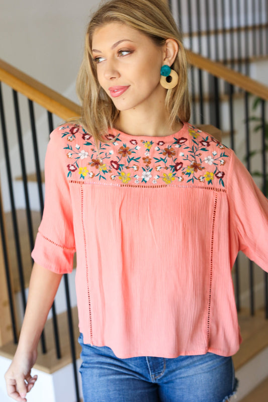 Peach Floral Embroidery Ladder Trim Blouse