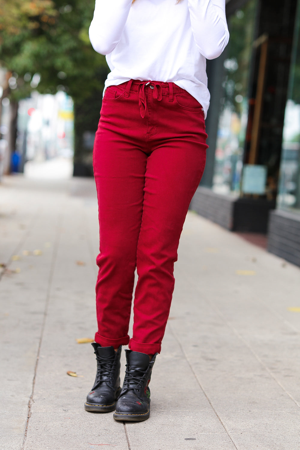 Red High Waist Drawstring Jeans