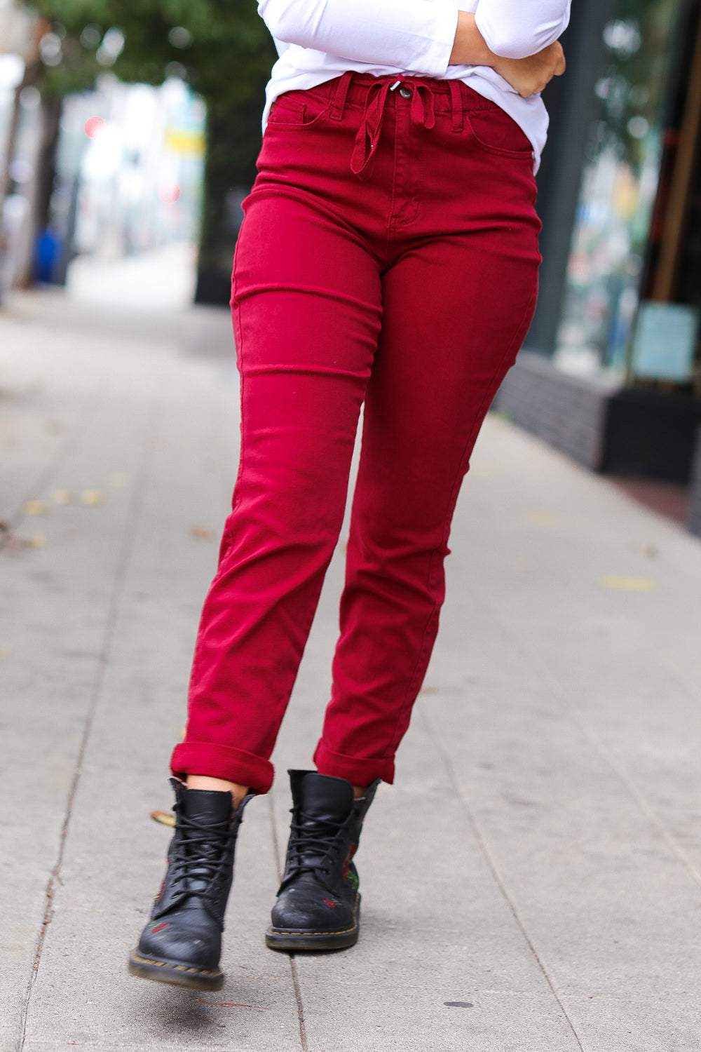 Red High Waist Drawstring Jeans