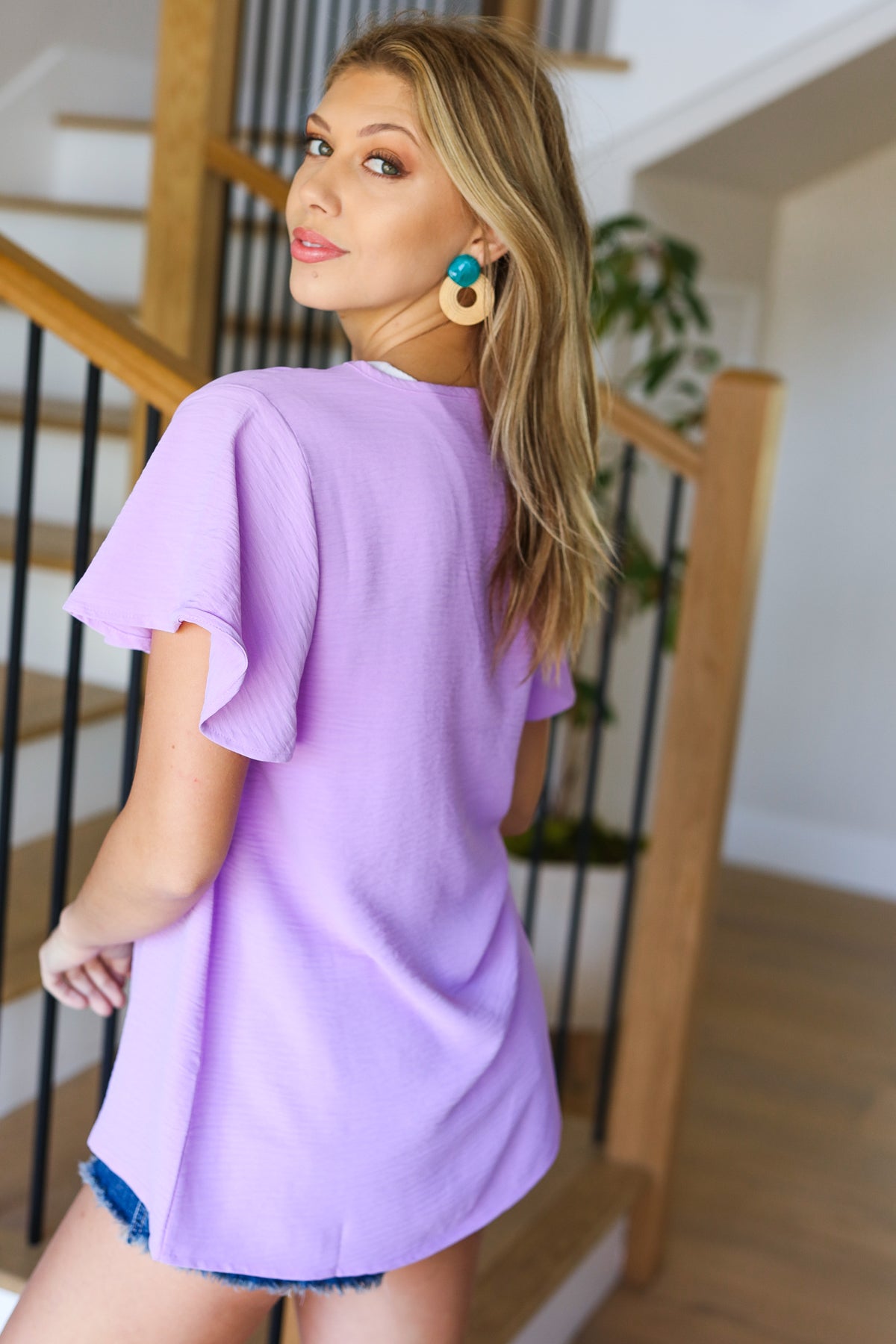 Bright Lavender Woven Airflow Flutter Sleeve Top