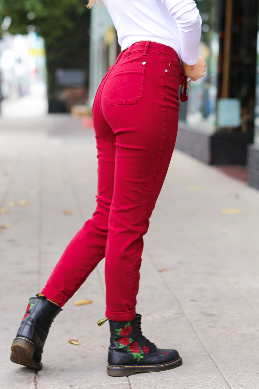 Red High Waist Drawstring Jeans