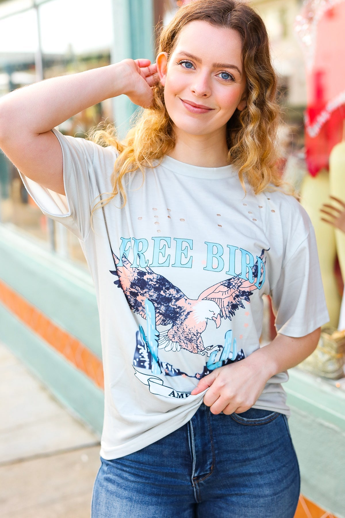 Taupe Free Bird Distressed Graphic Tee