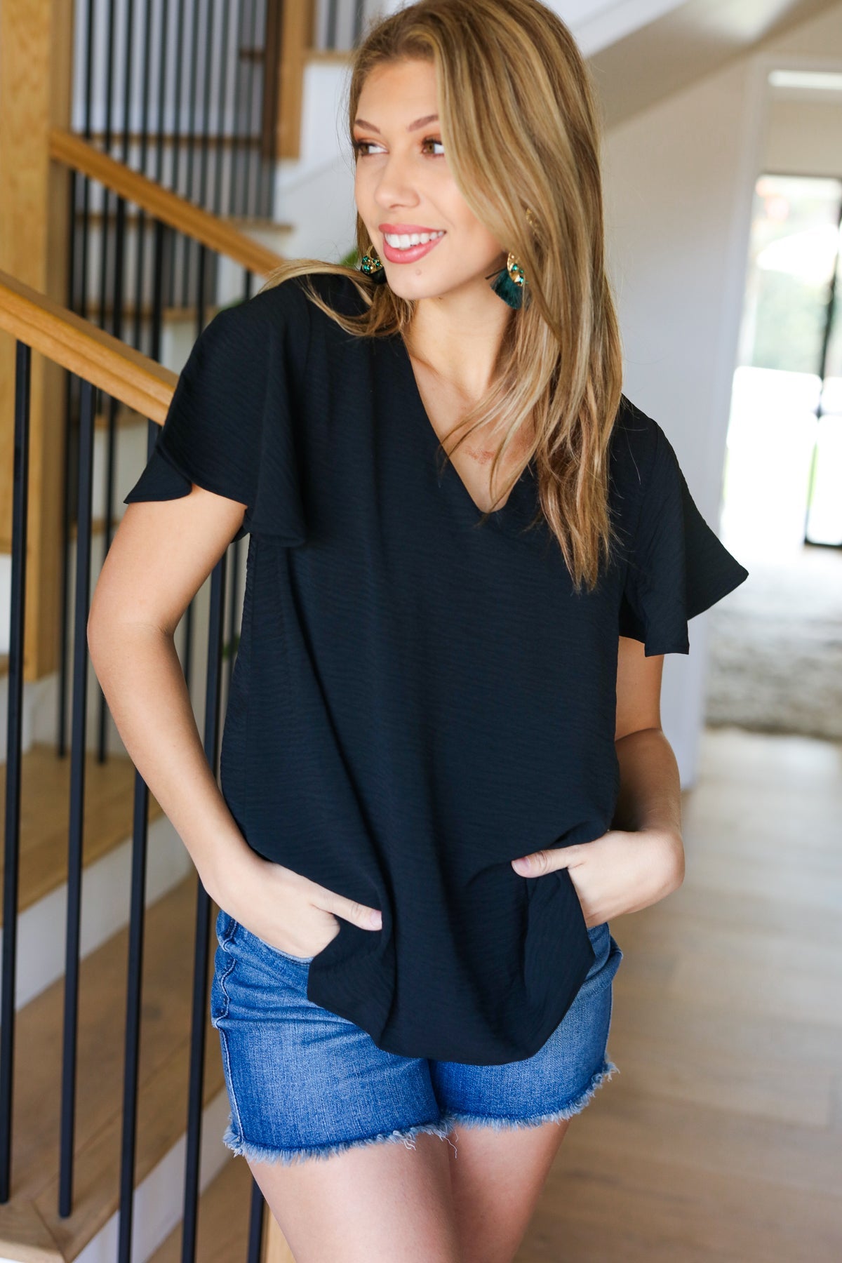 Black Woven Airflow Flutter Sleeve Top