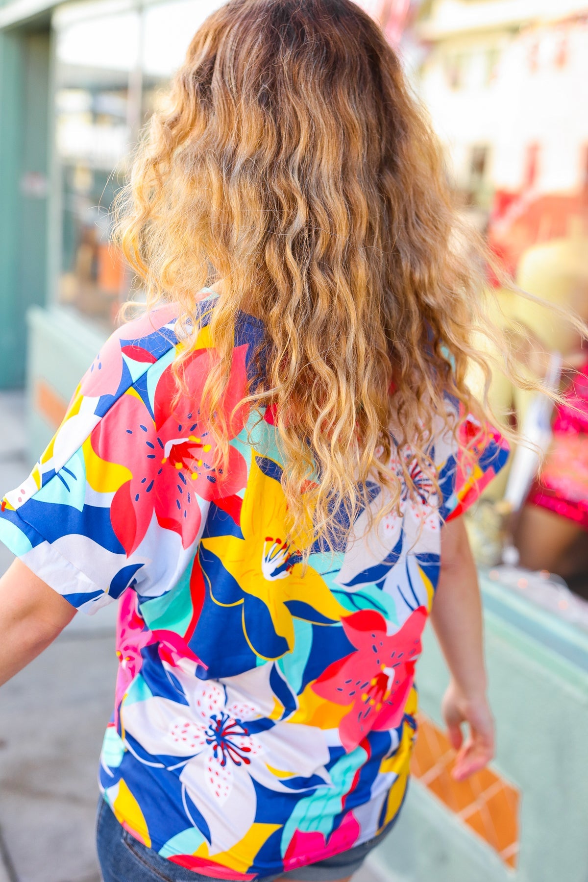 FINAL SALE - Navy & Yellow Tropical Floral V Neck Top