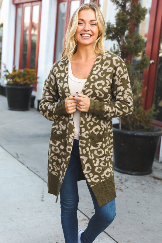 Olive Furry Knit Animal Print Ribbed Open Cardigan