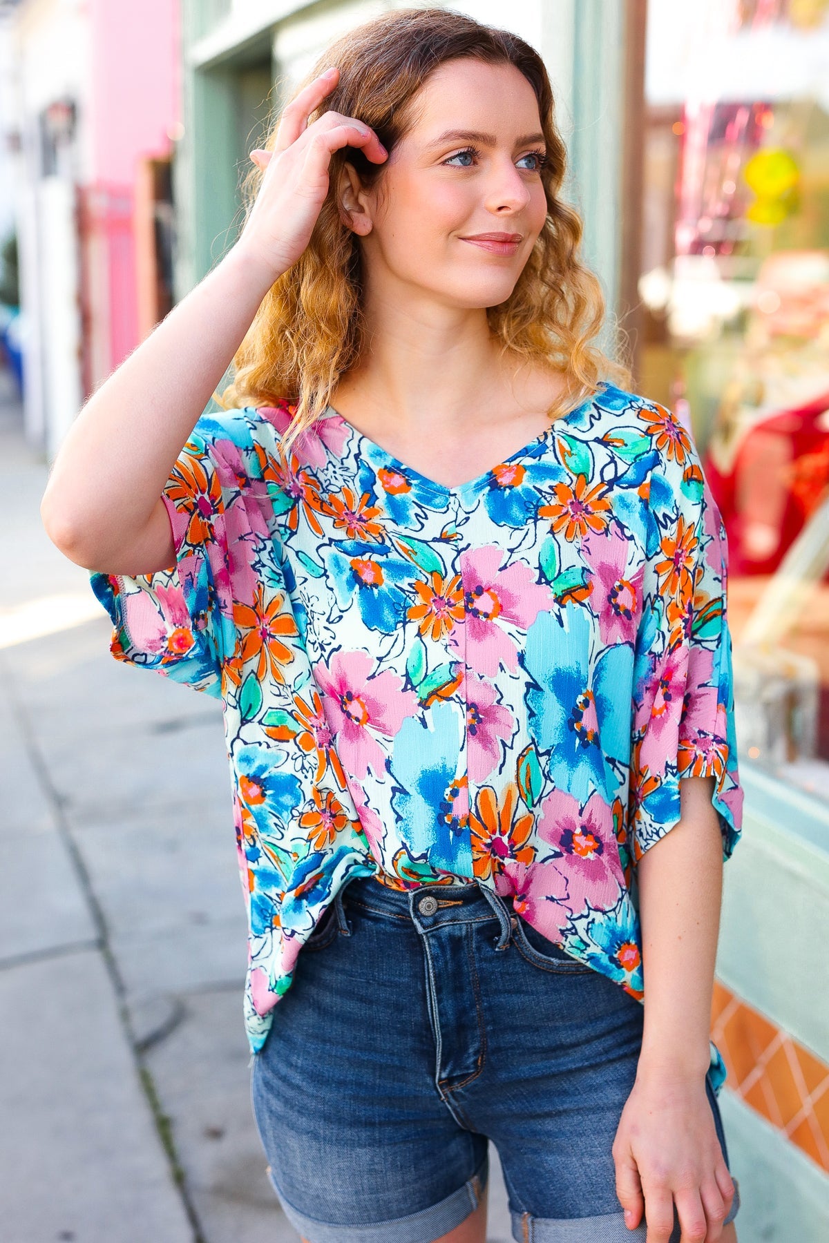 Pink & Blue Floral Print Woven Top