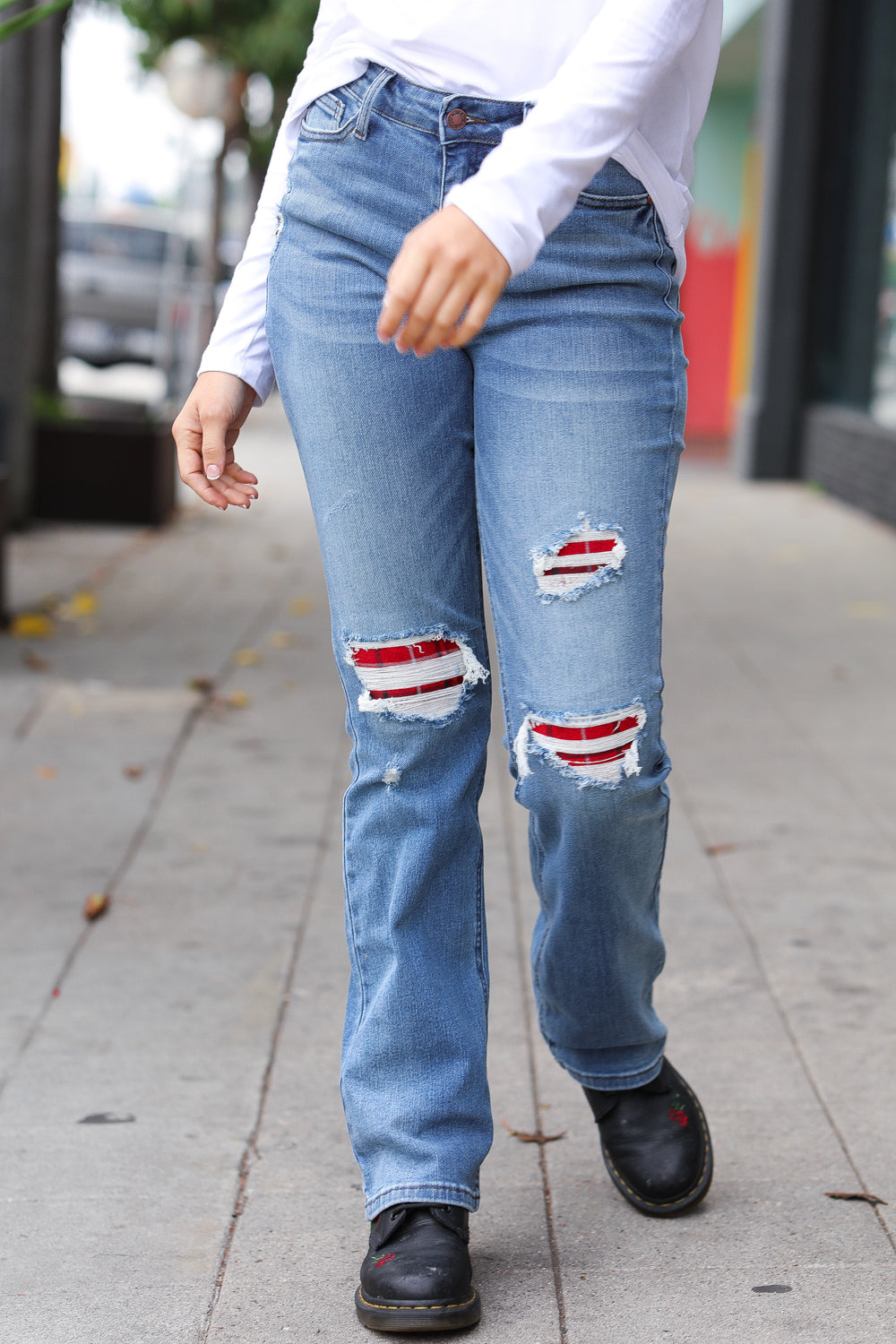 Bootcut High-Rise Plaid Stitched Jeans
