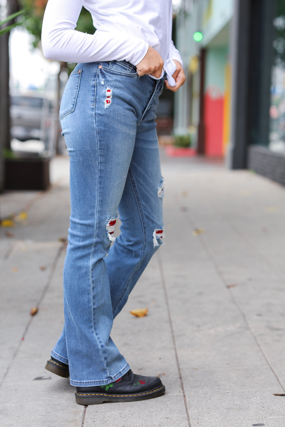 Bootcut High-Rise Plaid Stitched Jeans