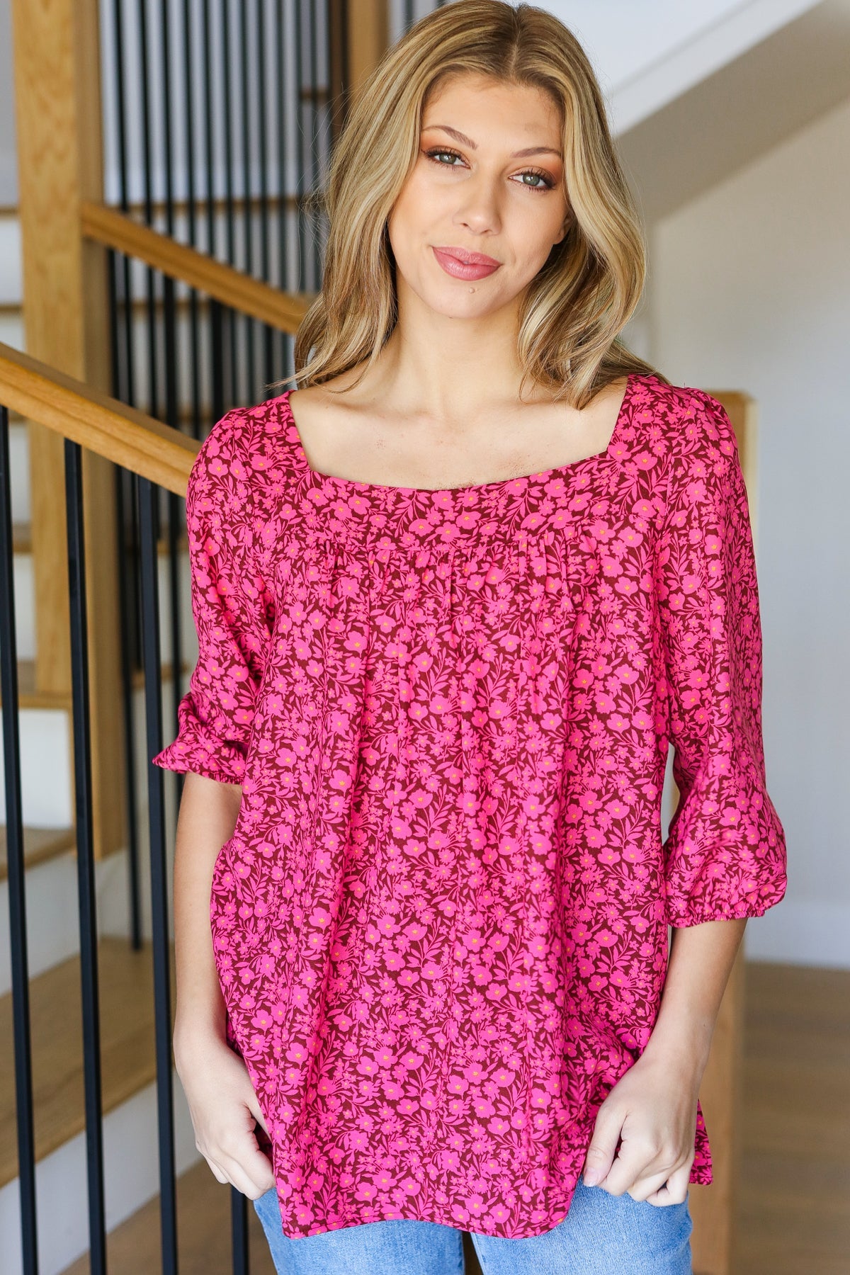 Fuchsia Floral Three Quarter Sleeve Square Neck Top