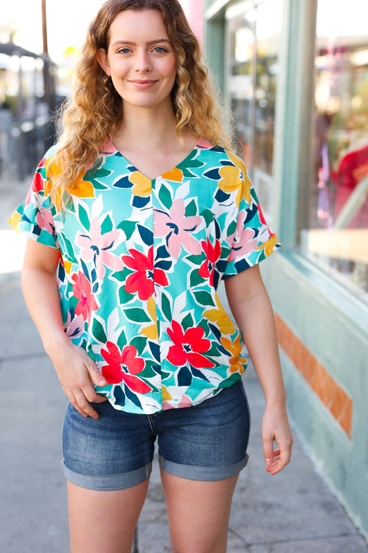 FINAL SALE - Teal & Coral Flat Floral V Neck Top