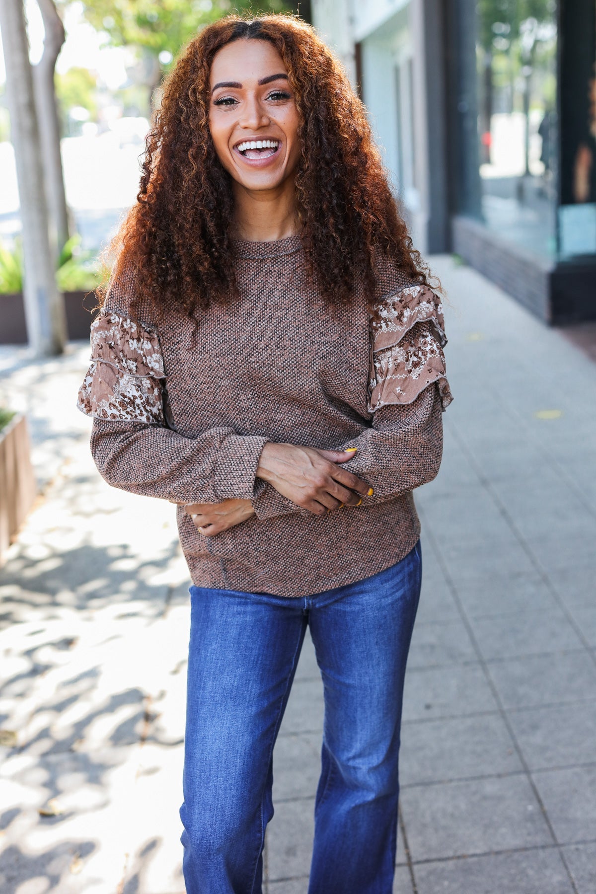 Brown Two Tone Knit Floral Frill Detail Sweater