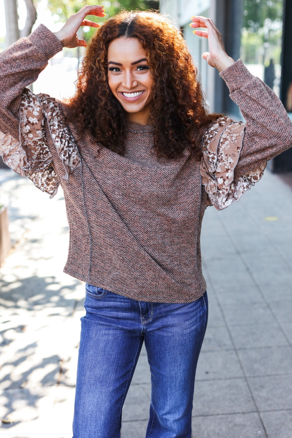 Brown Two Tone Knit Floral Frill Detail Sweater