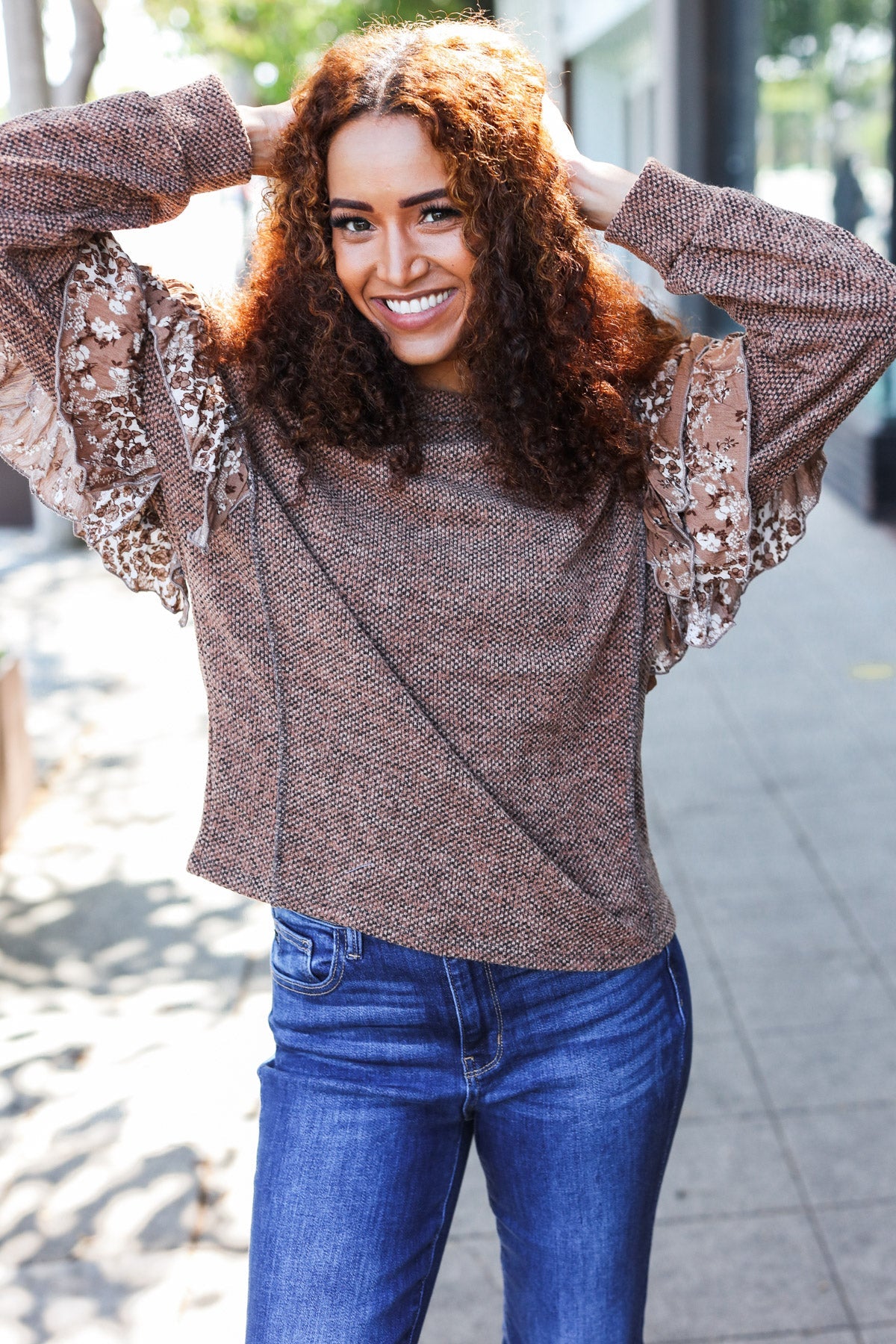 Brown Two Tone Knit Floral Frill Detail Sweater