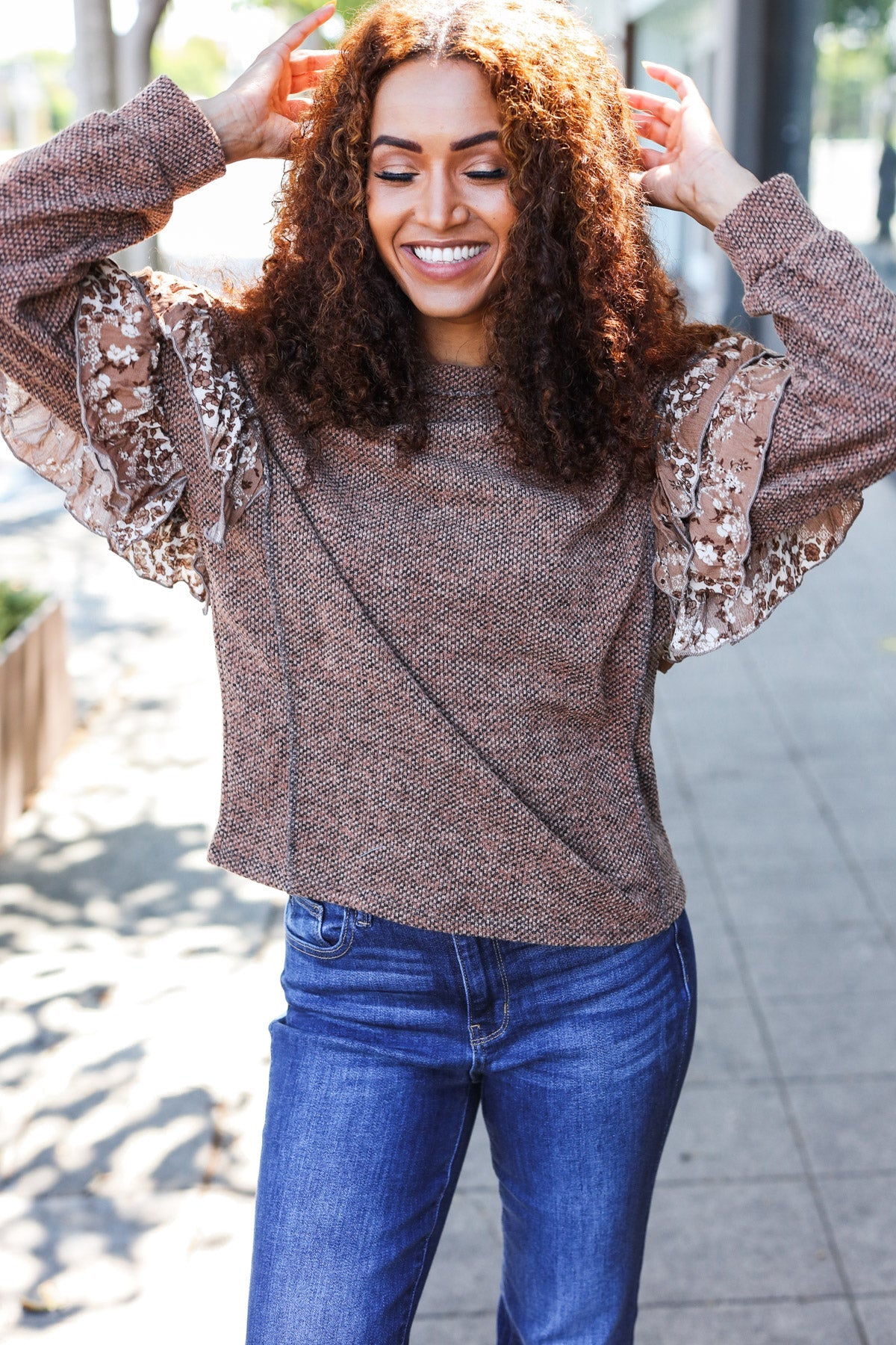 Brown Two Tone Knit Floral Frill Detail Sweater